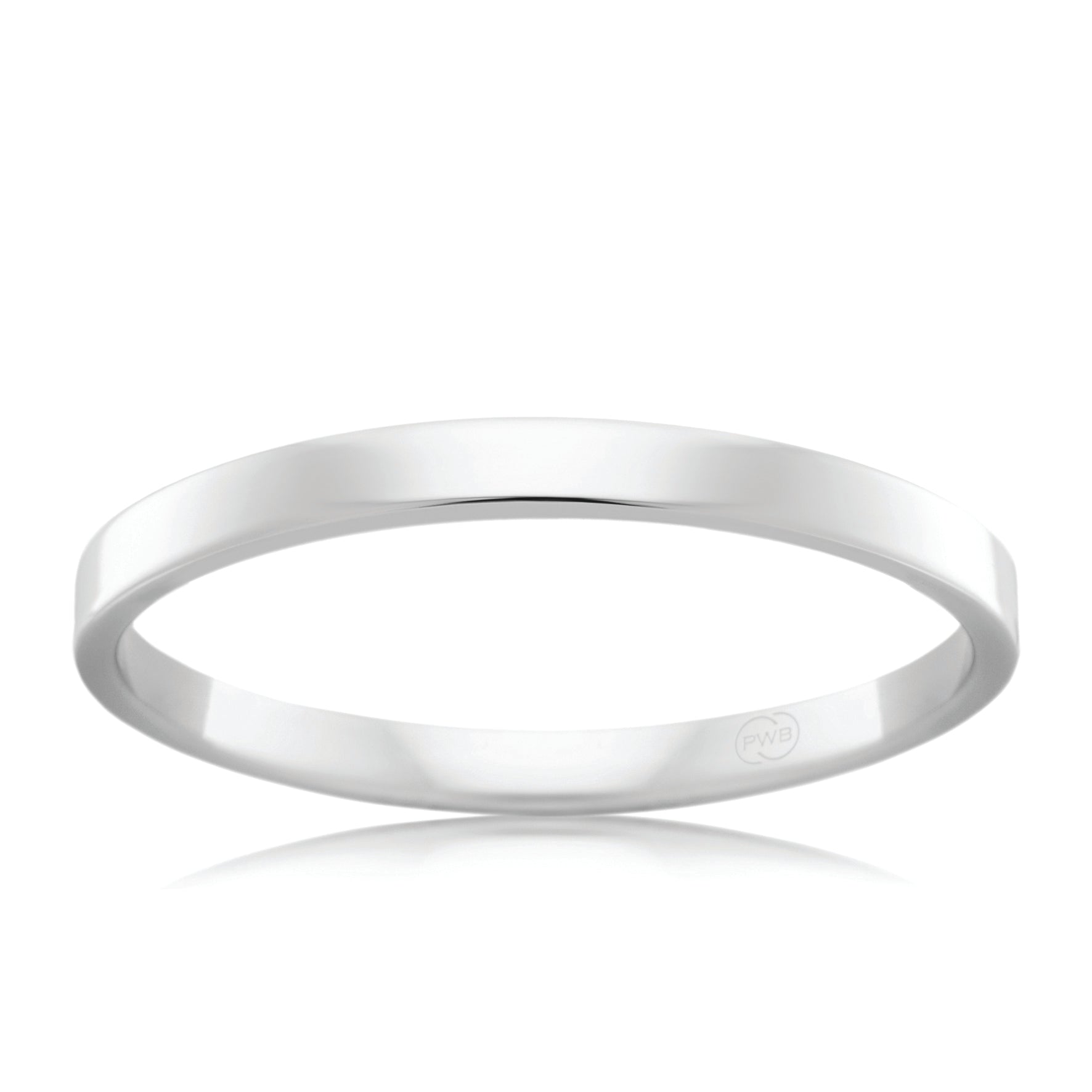 18ct White Gold 2mm Flat Round Wedding Band, polished finish, size L