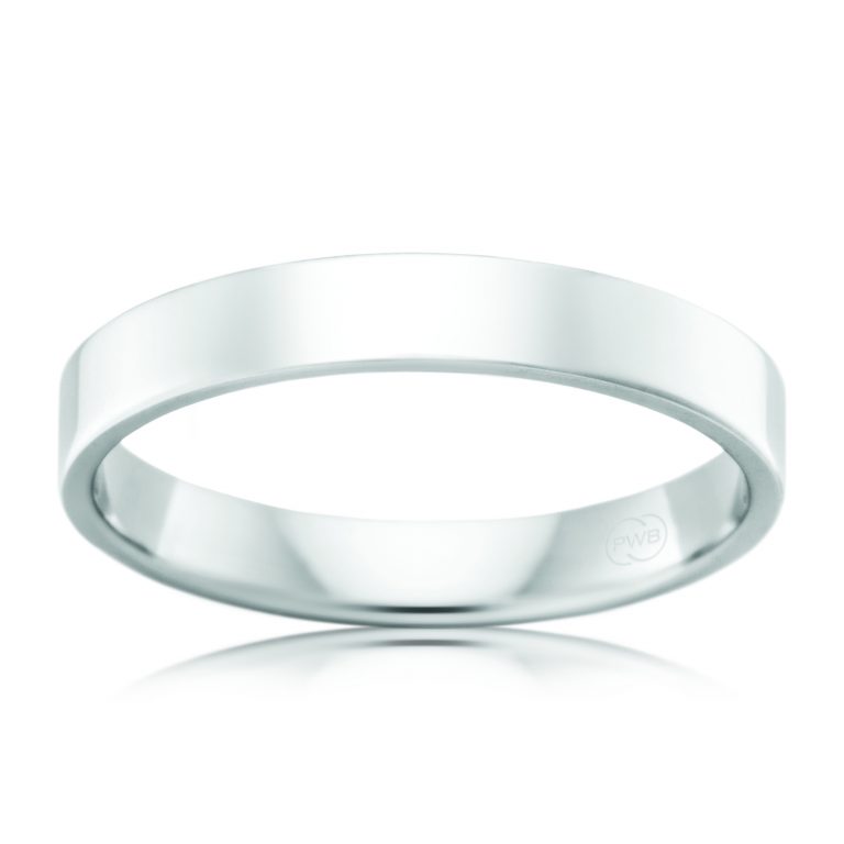18ct White Gold 3mm Flat Round Wedding band, polished finish, size M