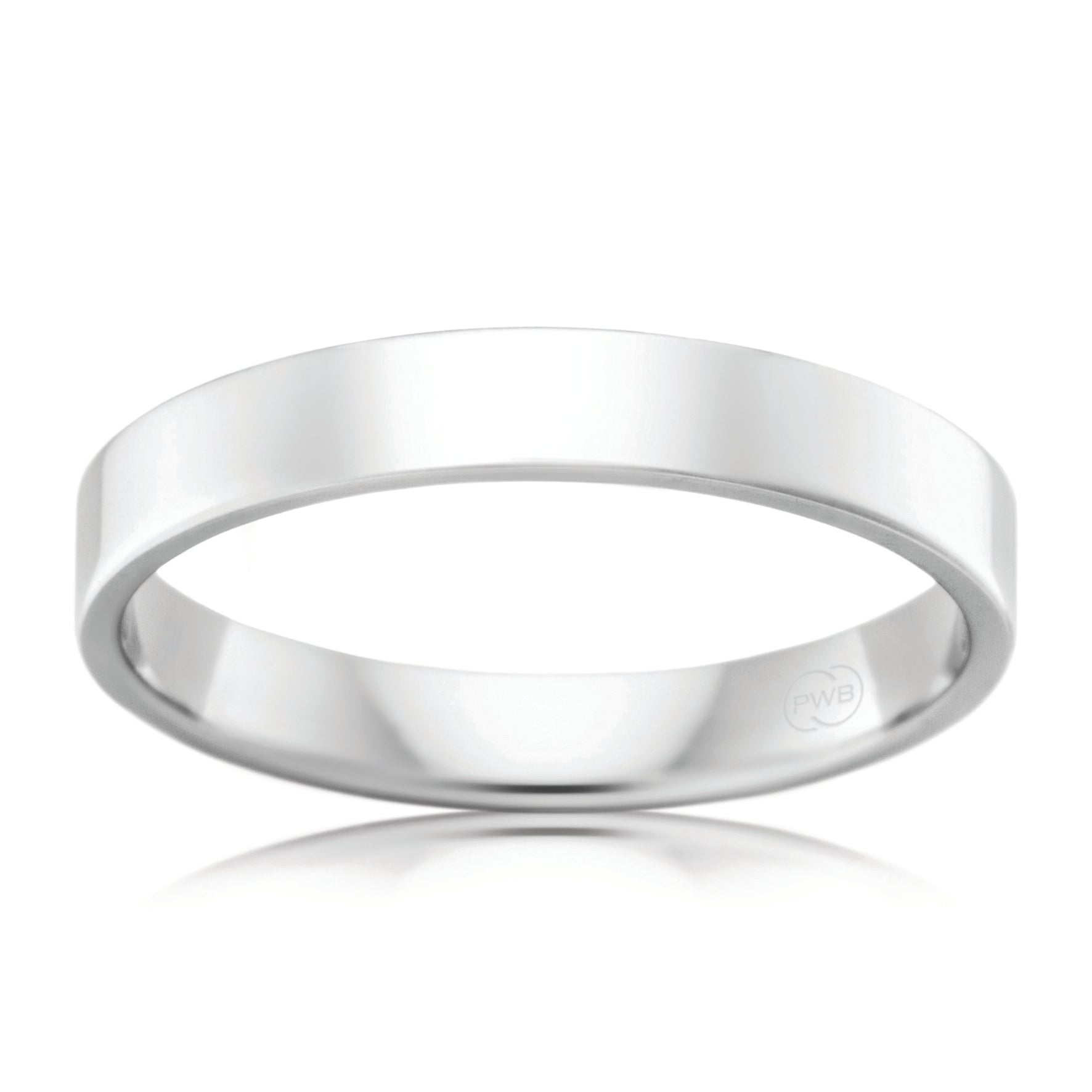 18ct White Gold 3mm Flat Round Wedding Band, polished finish, size M