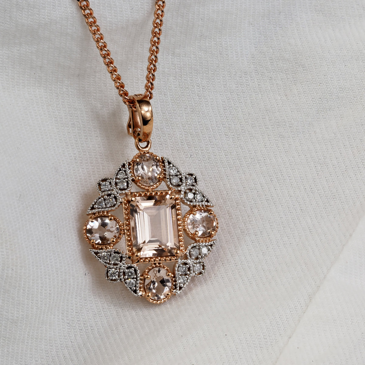 9ct Rose and White Gold Morganite and Diamond Enhancer Pendant