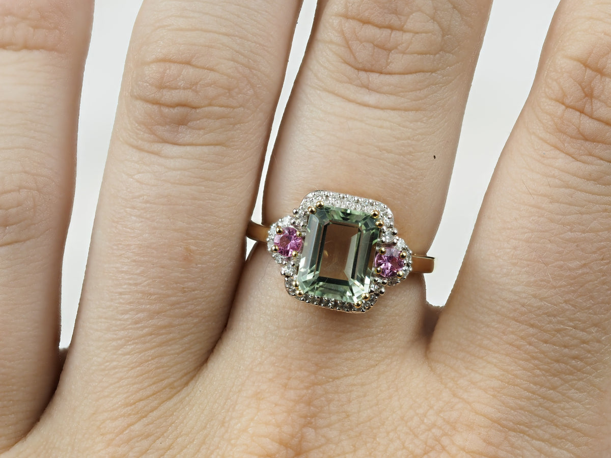9ct Yellow Gold Green Amethyst, Sapphire and Diamond Ring