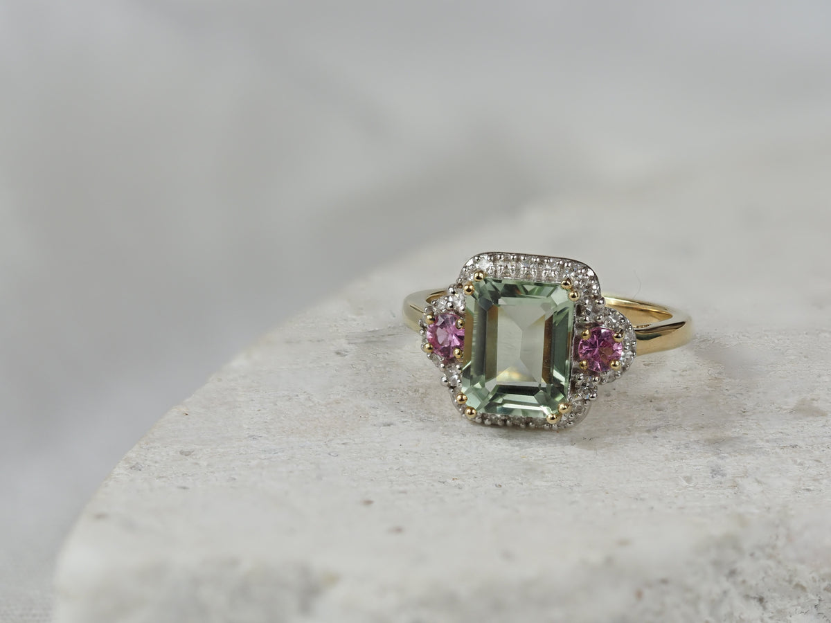 9ct Yellow Gold Green Amethyst, Sapphire and Diamond Ring