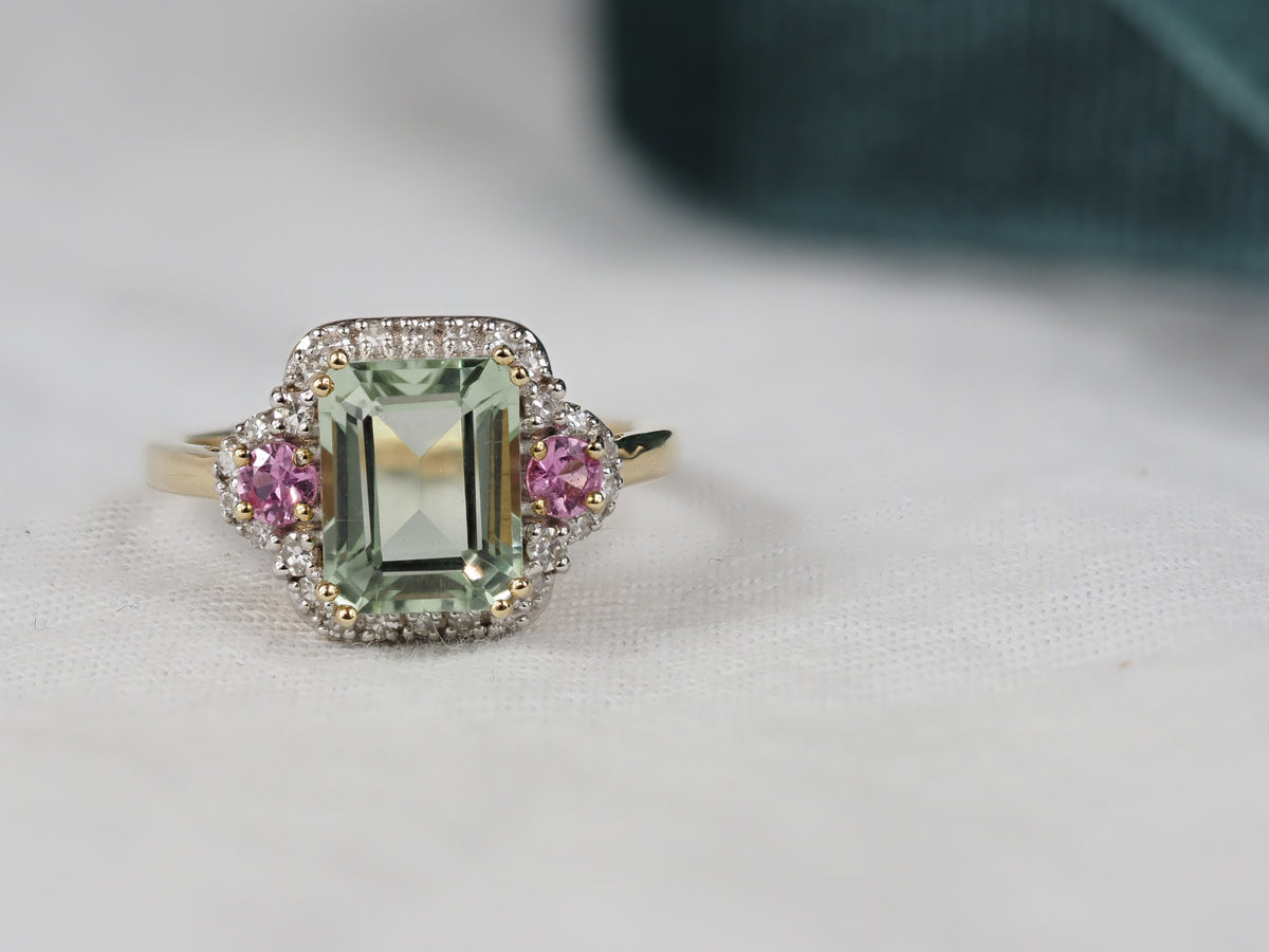 9ct Yellow Gold Green Amethyst, Sapphire and Diamond Ring