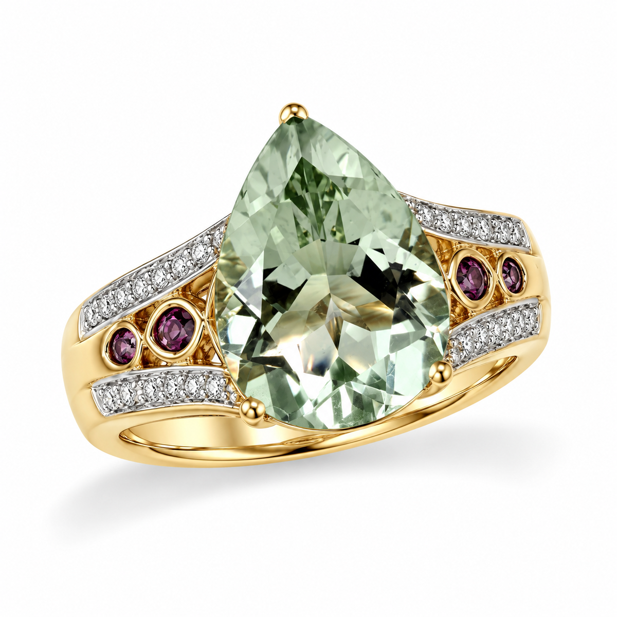 9ct Yellow Gold Mint Quartz, Rhodolite Garnet and Diamond Ring
