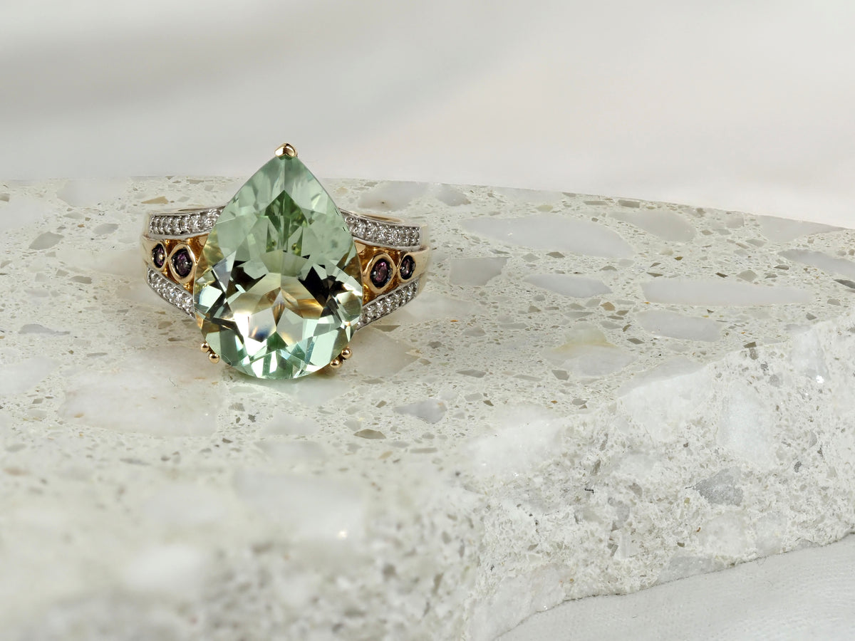 9ct Yellow Gold Mint Quartz, Rhodolite Garnet and Diamond Ring