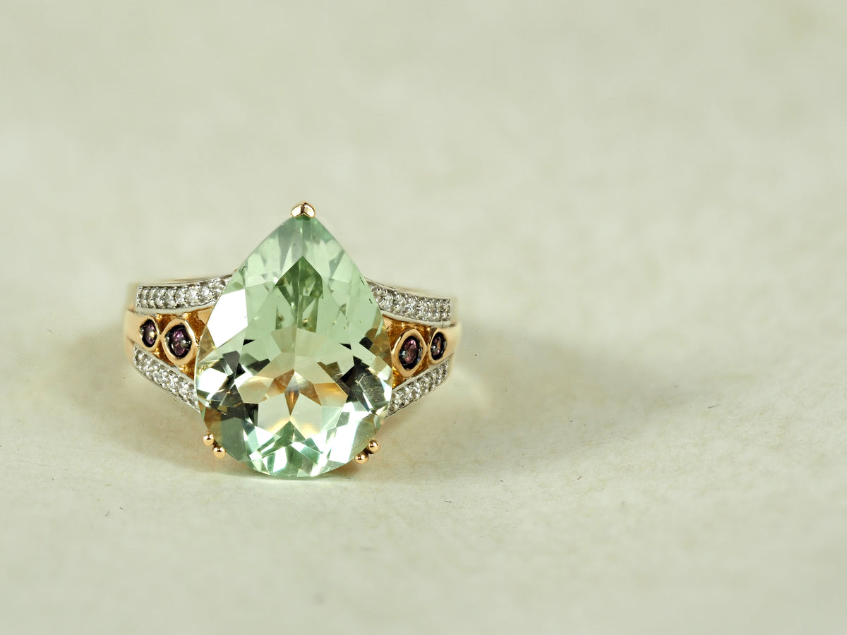 9ct Yellow Gold Mint Quartz, Rhodolite Garnet and Diamond Ring