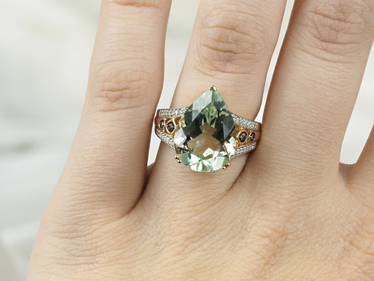 9ct Yellow Gold Mint Quartz, Rhodolite Garnet and Diamond Ring