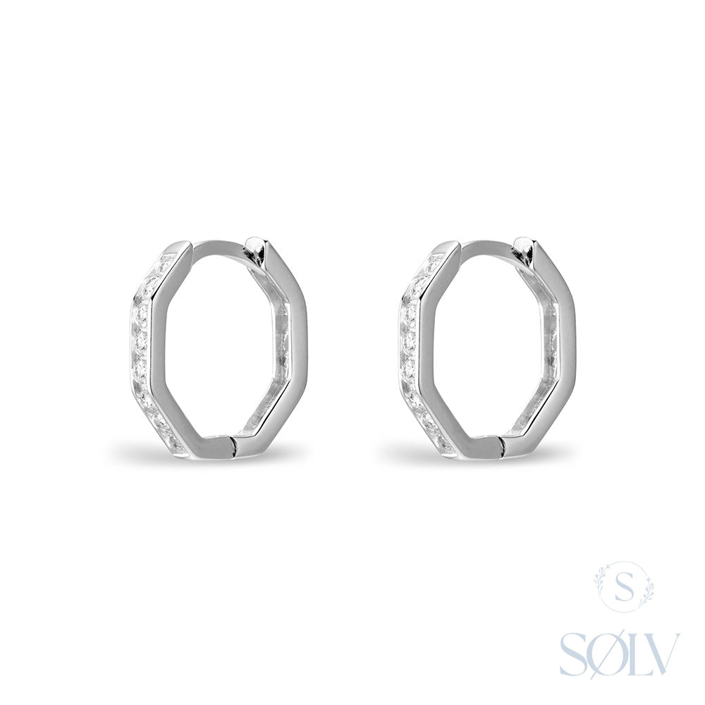 Solv Sterling Silver Octagon Cubic Zirconia Huggie Earrings