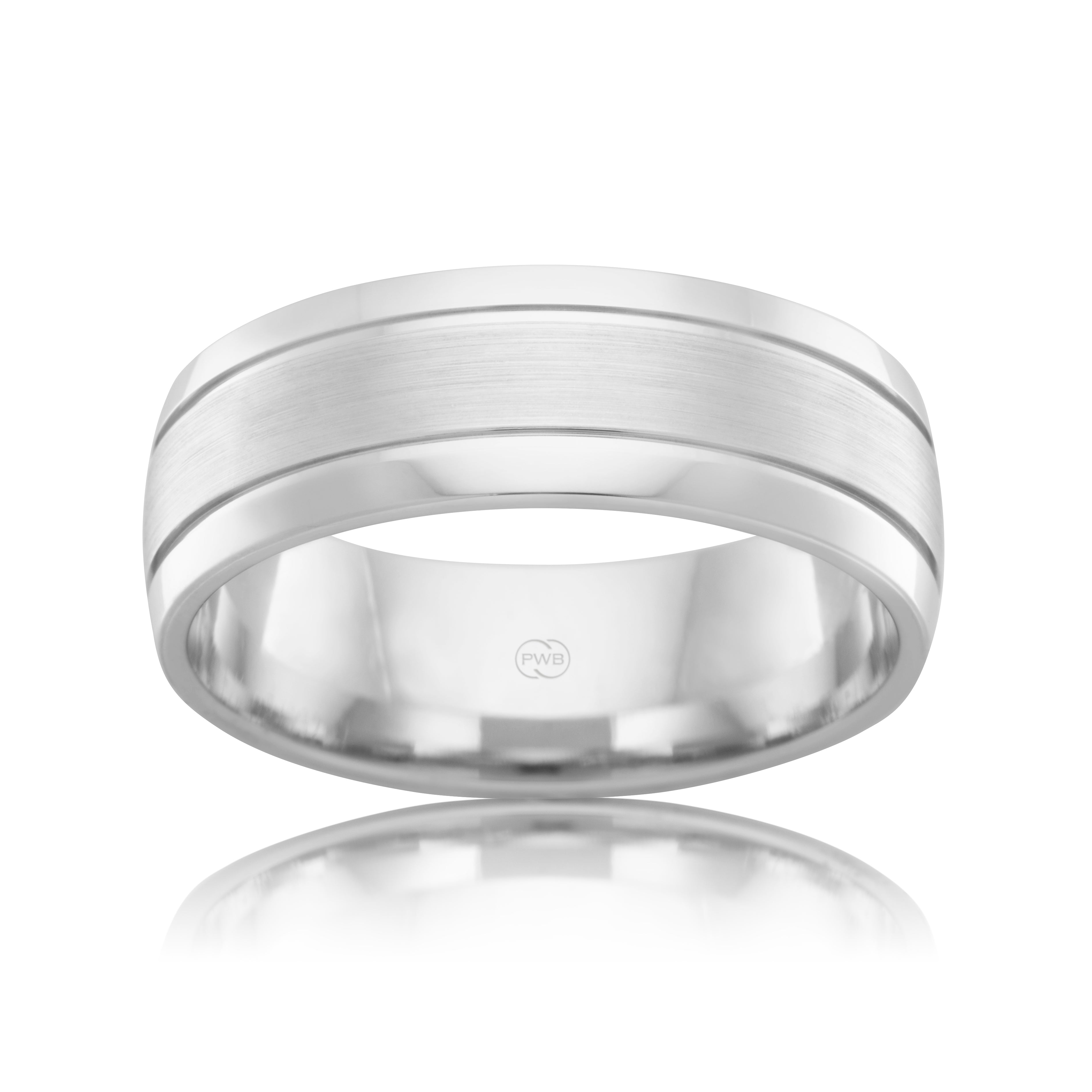 9ct White Gold 8mm Wedding band, brushed centre, size V