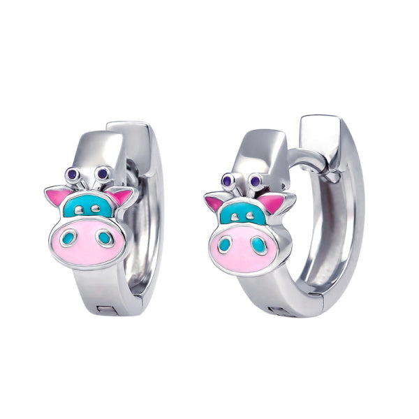 Sterling Silver Enamel Cow Huggie Earrings