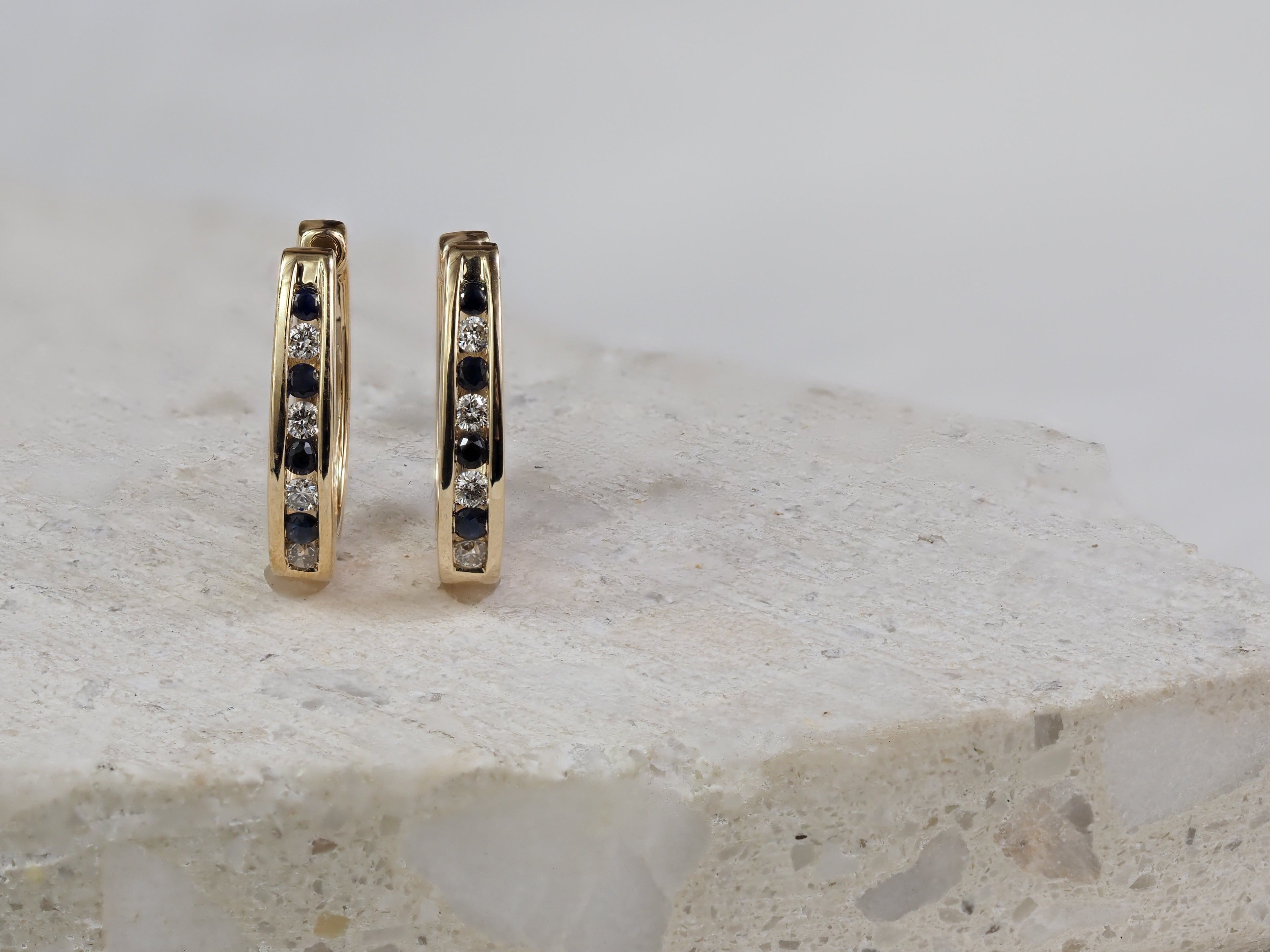 9ct Yellow Gold Sapphire and Diamond Huggie Earrings