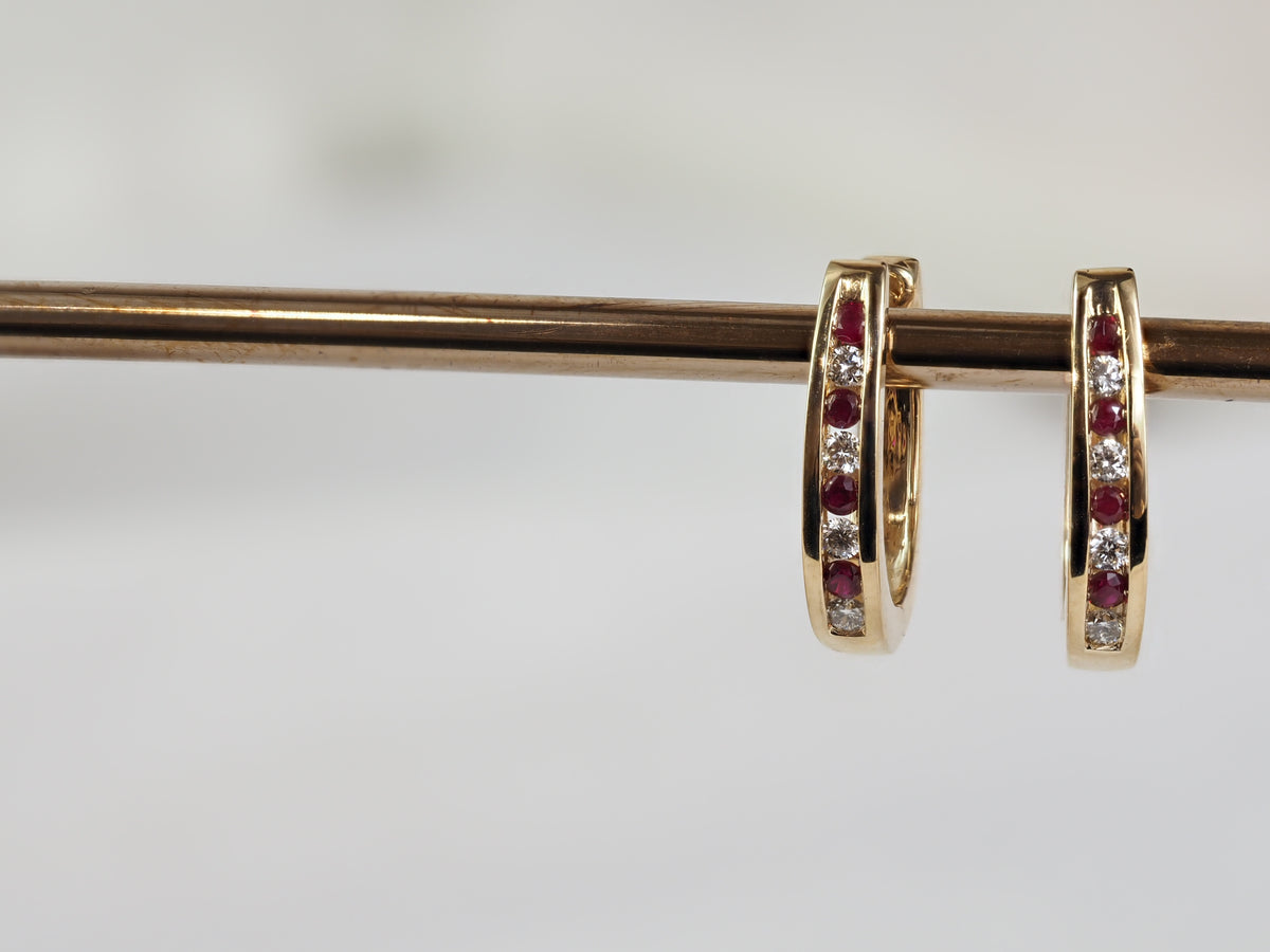 9ct Yellow Gold Ruby and Diamond Huggie Earrings