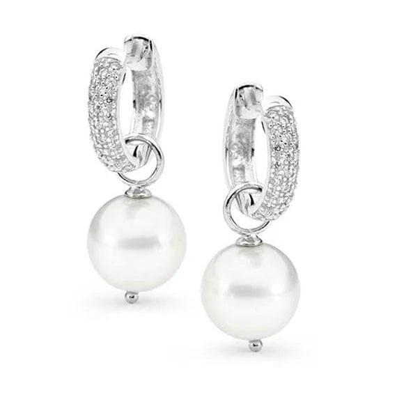 Sterling Silver 11mm Edison Freshwater Pearl and Cubic Zirconia huggie earrings