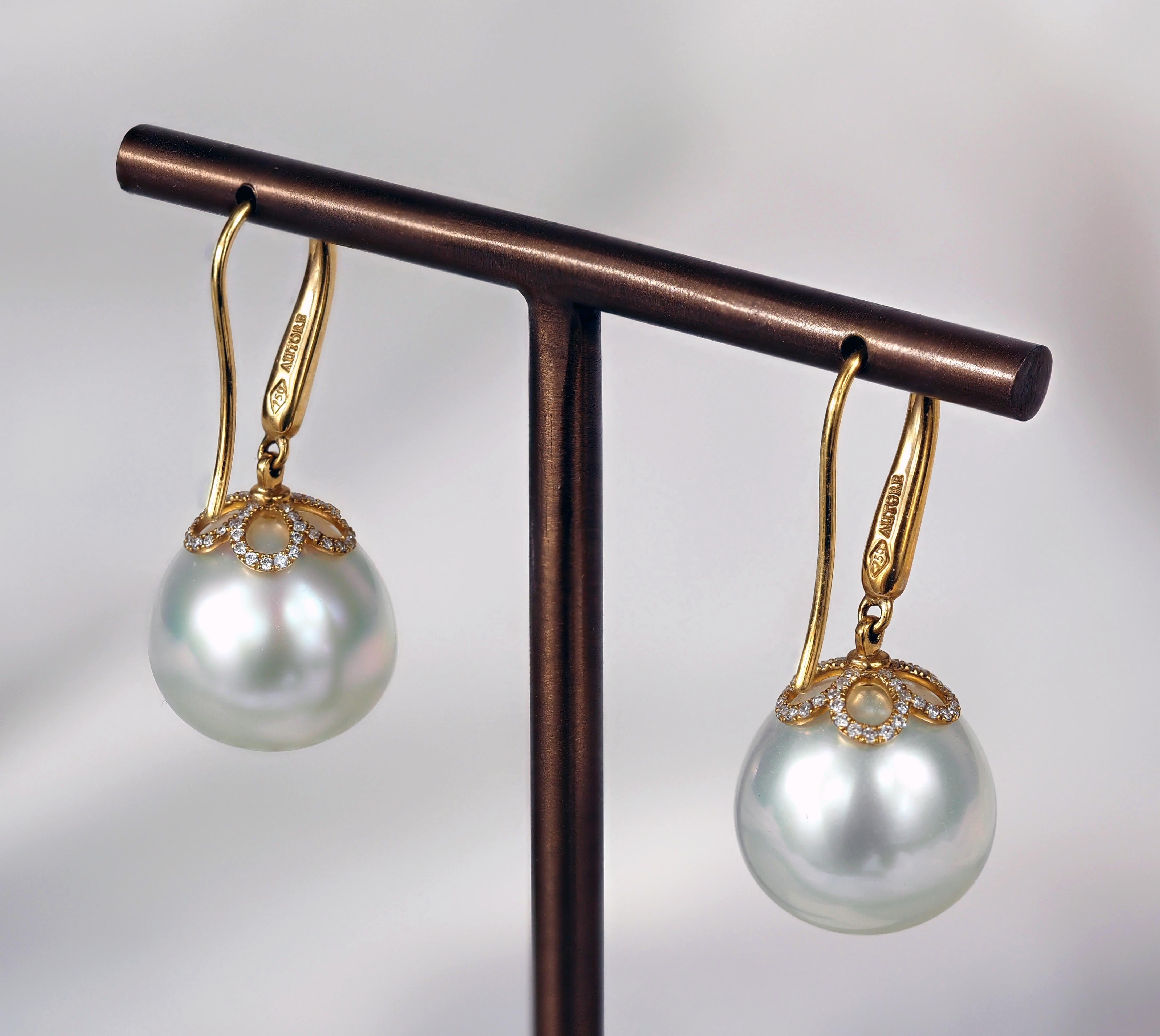 Autore 18ct Yellow Gold South Sea Pearl and Diamond Drop Earrings, 13mm