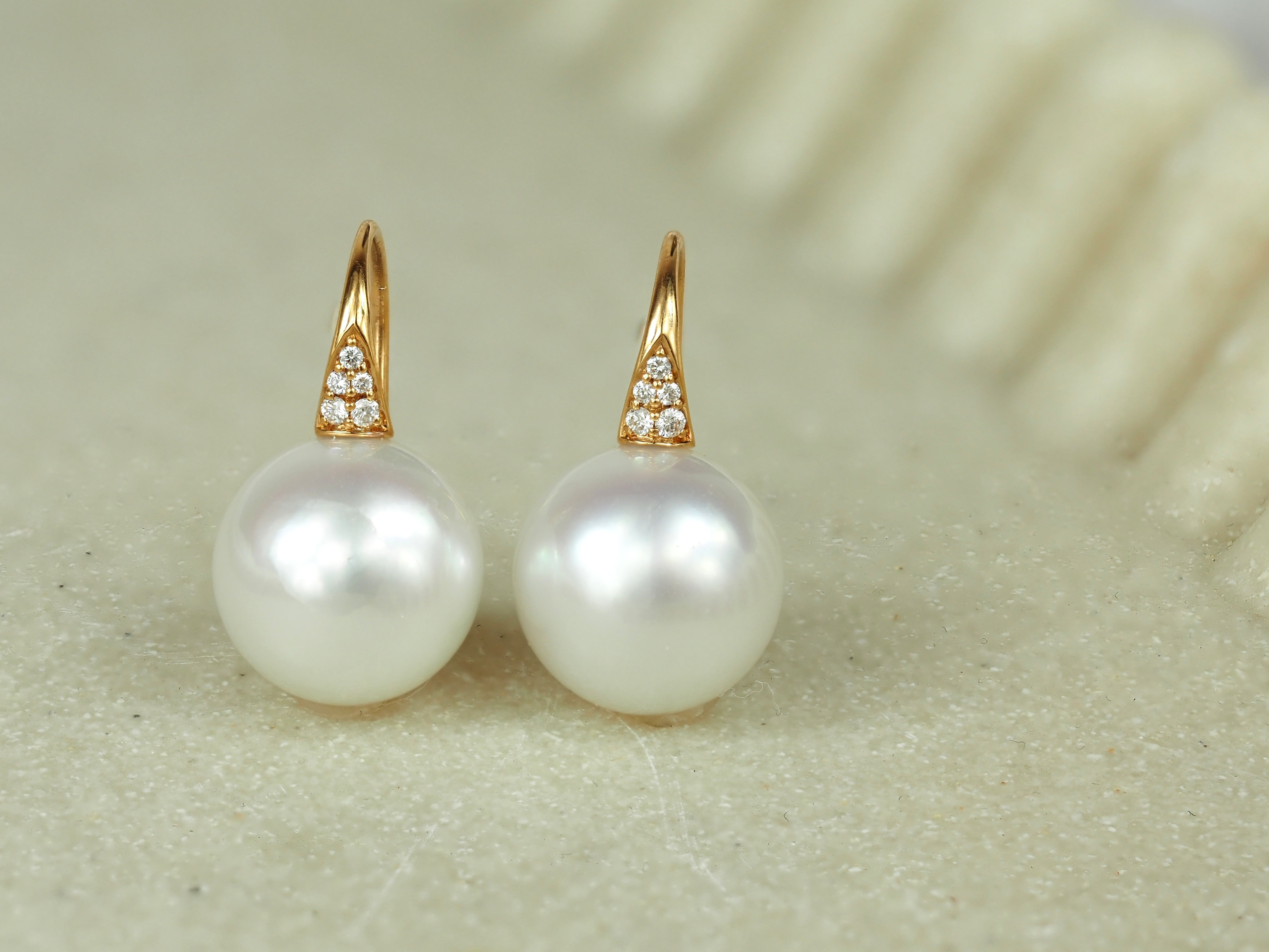 Autore 18ct Rose Gold 12mm South Sea Button Pearl And Diamond Drop Earrings