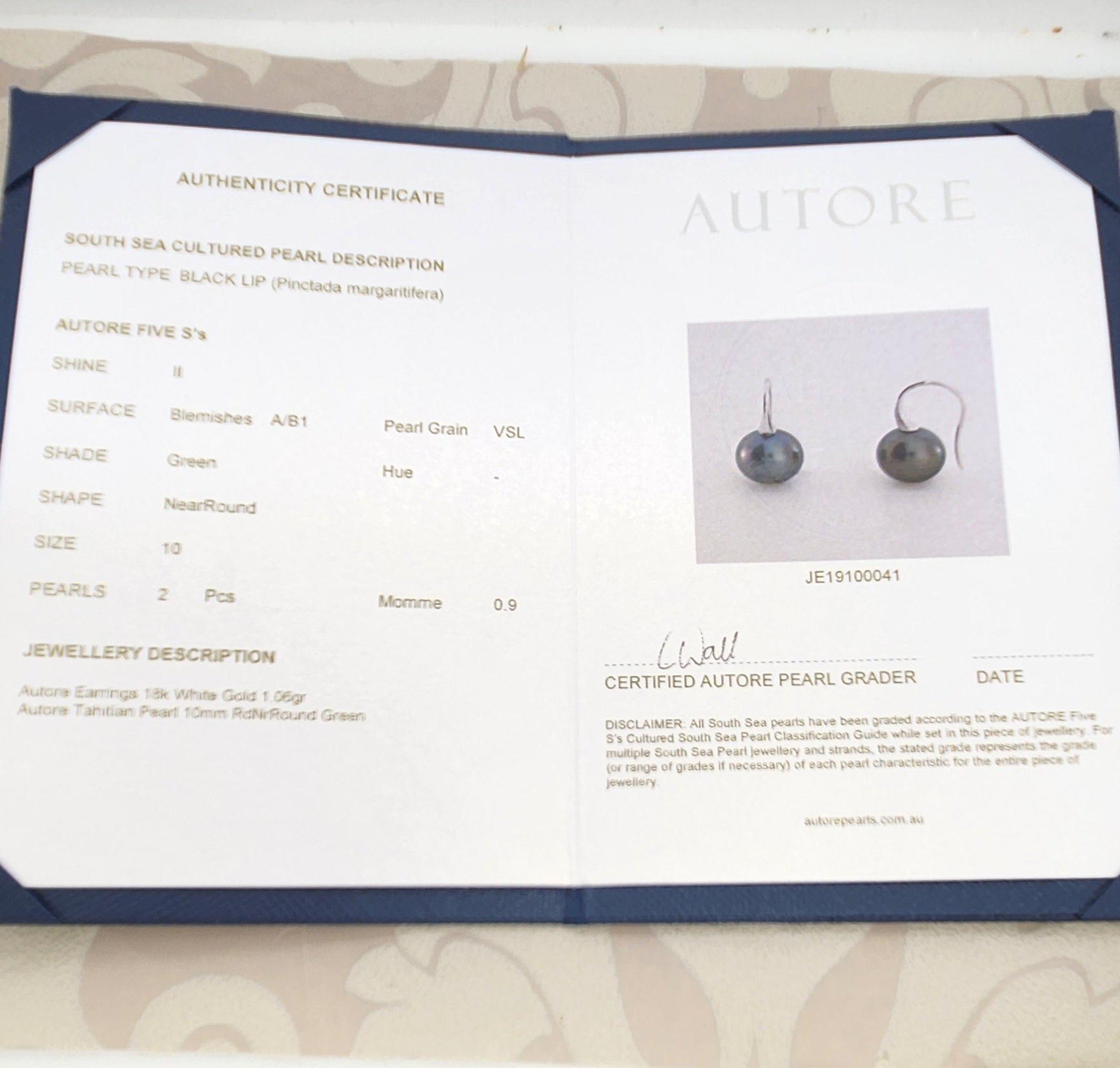Autore 18ct White Gold Green Tahitian Pearl Drop Earrings, 10mm