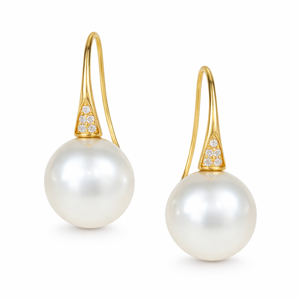 Autore 18ct Yellow Gold South Sea Pearl and Diamond Drop Earrings, 9mm