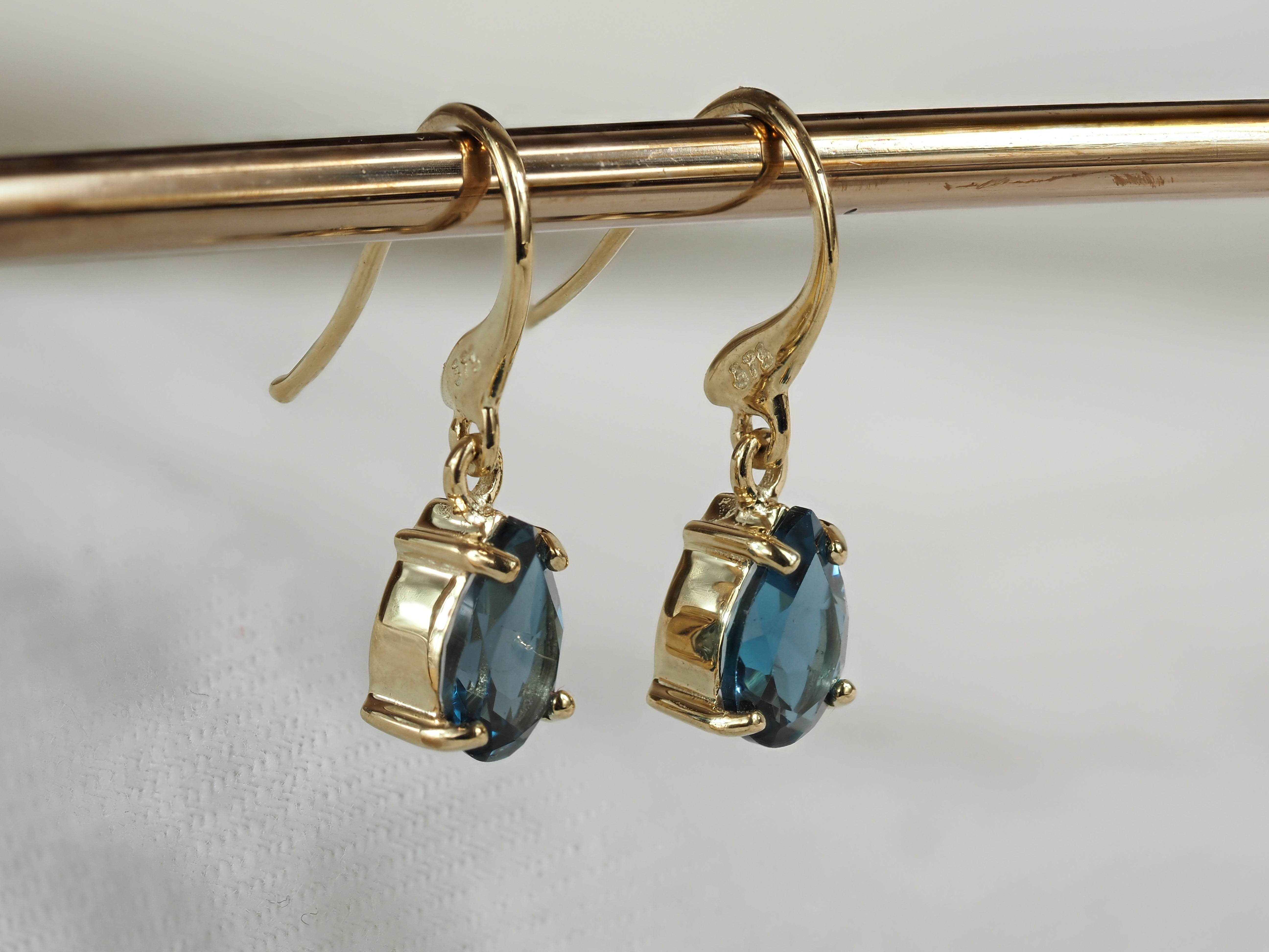 9ct Yellow Gold London Blue Topaz Shepard Hook Earrings