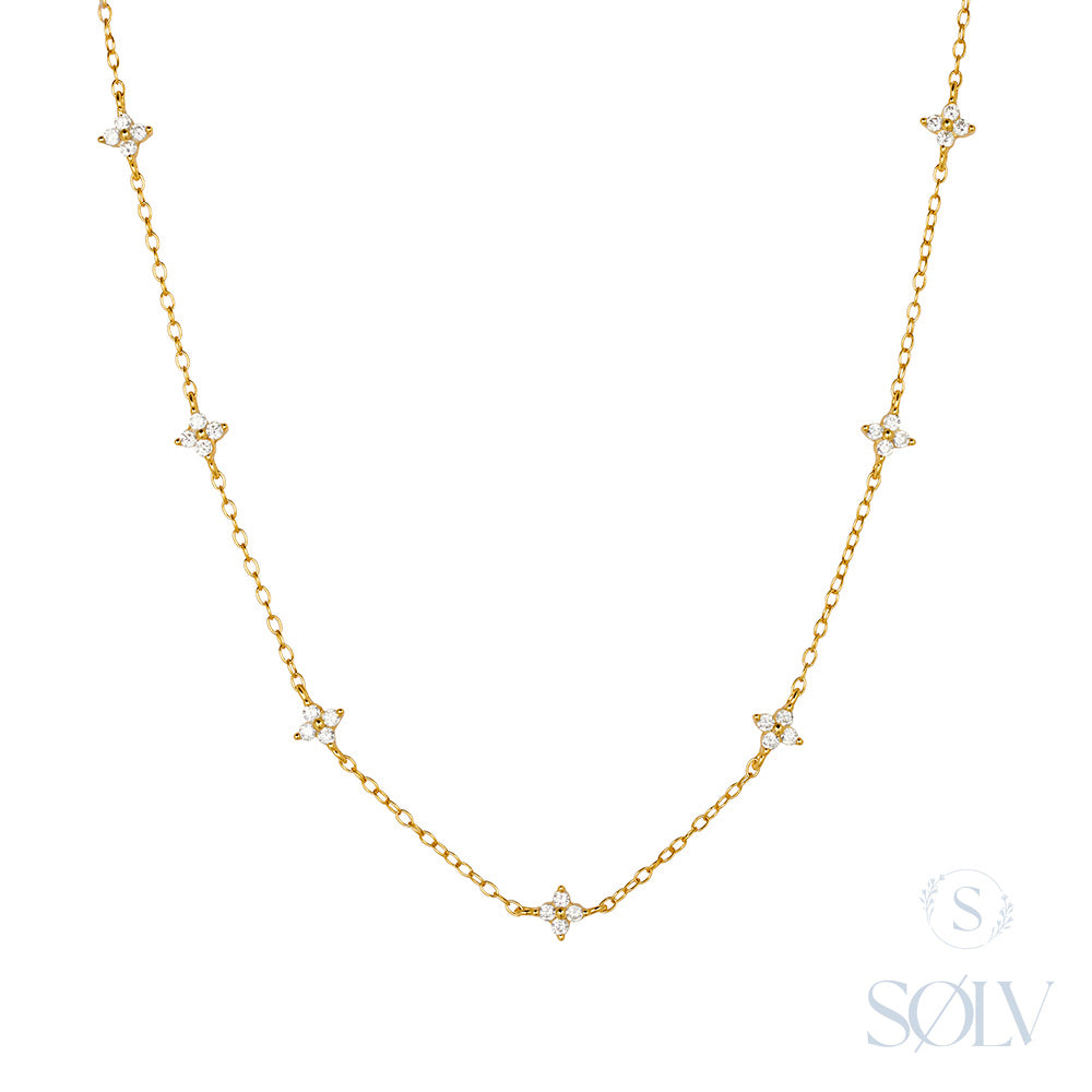 Solv Sterling Silver Gold Plated Cubic Zirconia Flower Necklet
