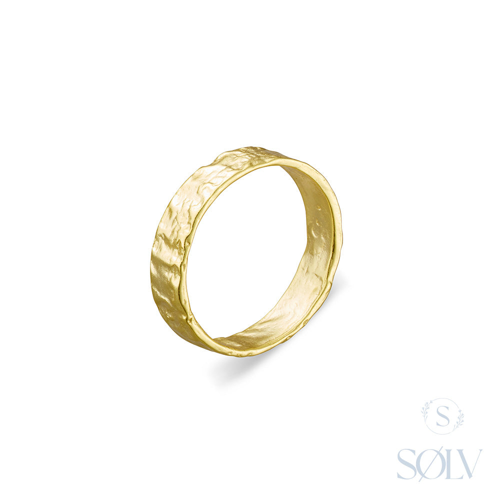 Solv Sterling Silver Gold Plated Hammered Flat Ring, Size 8