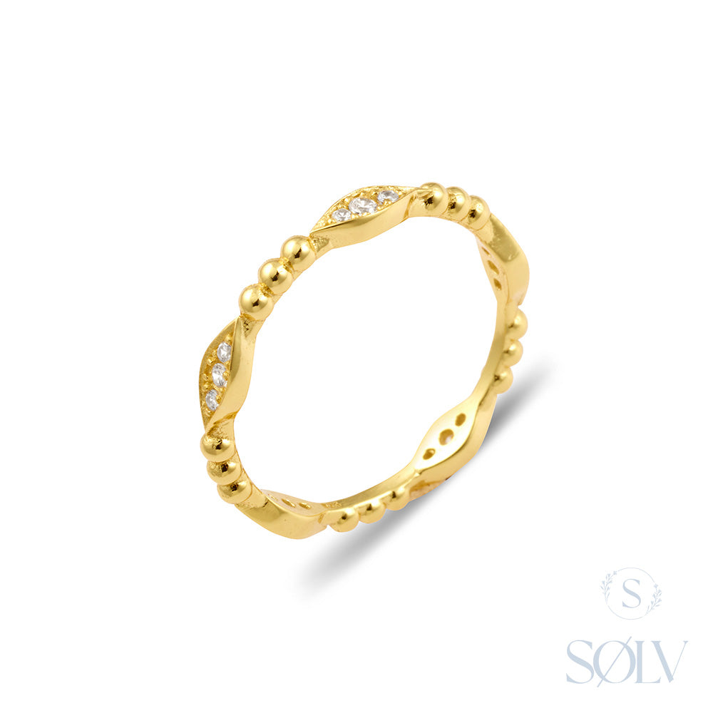 Solv Sterling Silver Gold Plated Beaded Cubic Zirconia Ring, Size 9