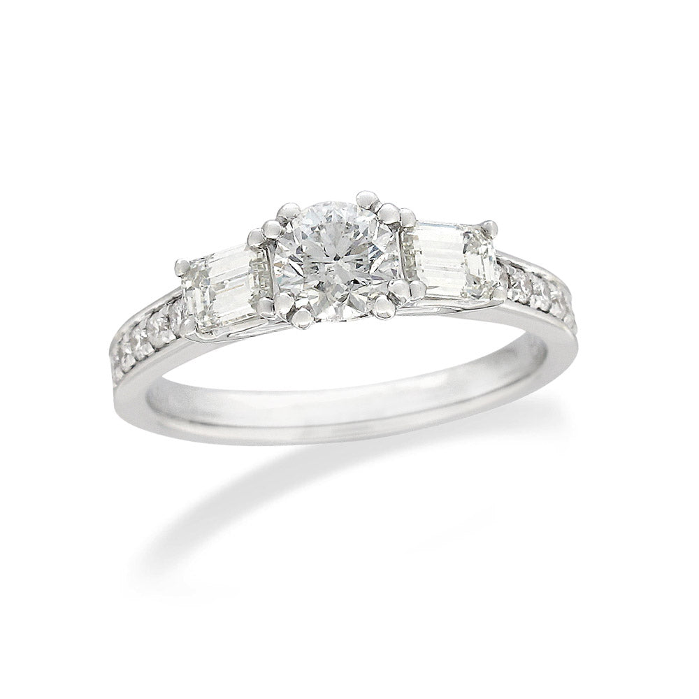 18ct White Gold Round and Emerald Cut Diamond Engagement Ring, 0.40ct Centre