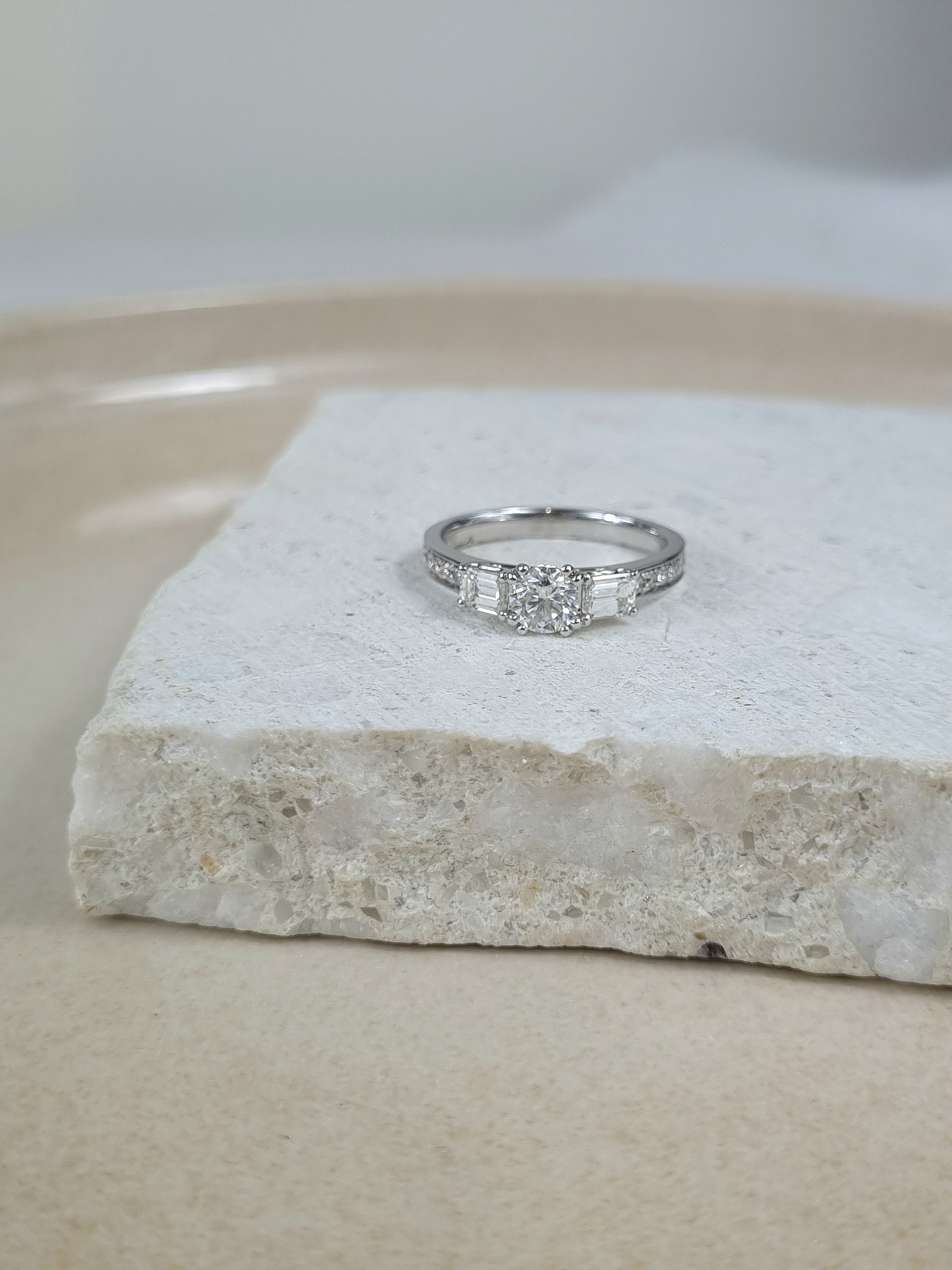 18ct White Gold Round and Emerald Cut Diamond Engagement Ring, 0.40ct Centre