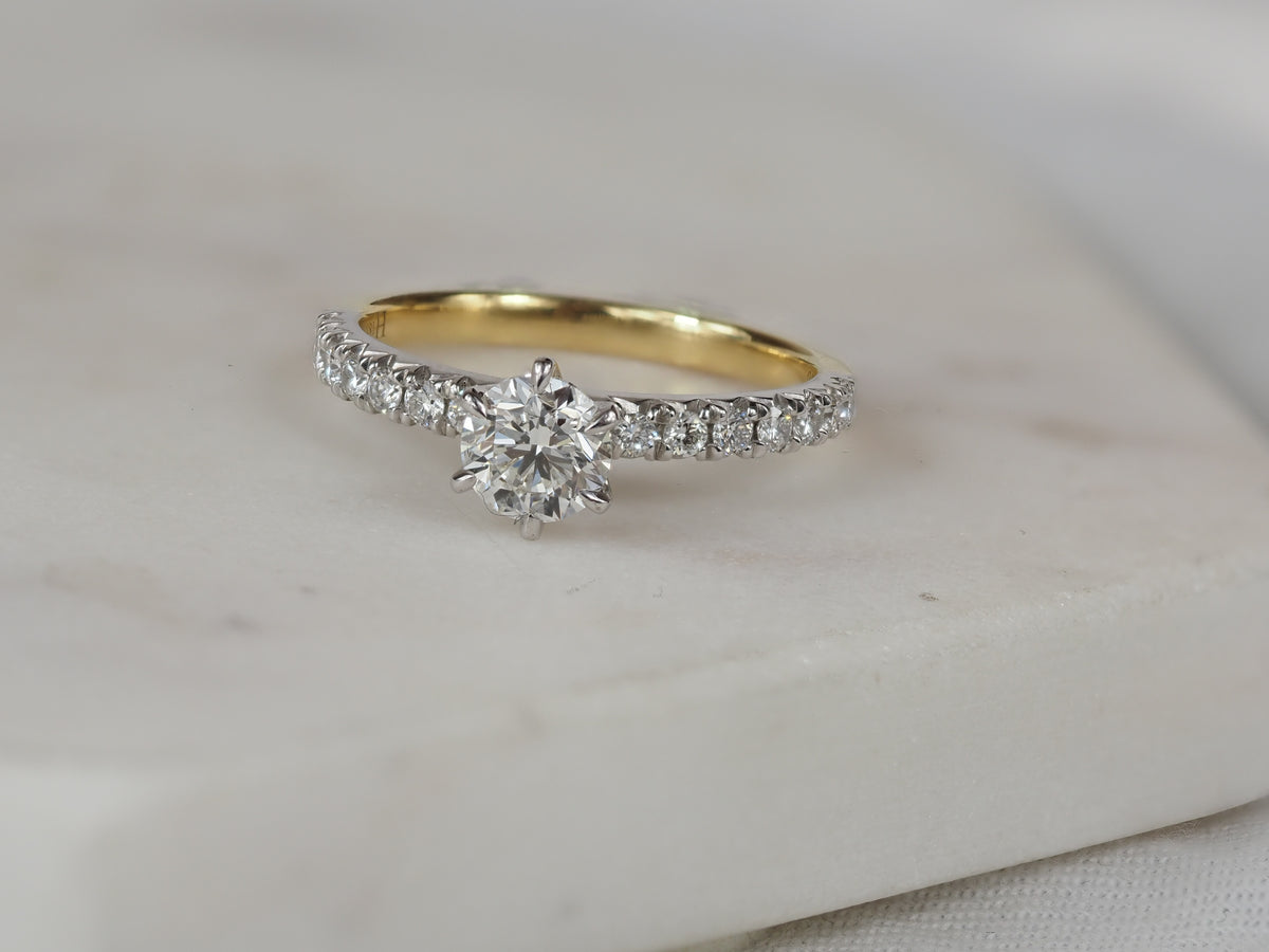 18ct Yellow and White Gold Round Brillant Cut Diamond Engagement Ring, 0.70ct Centre