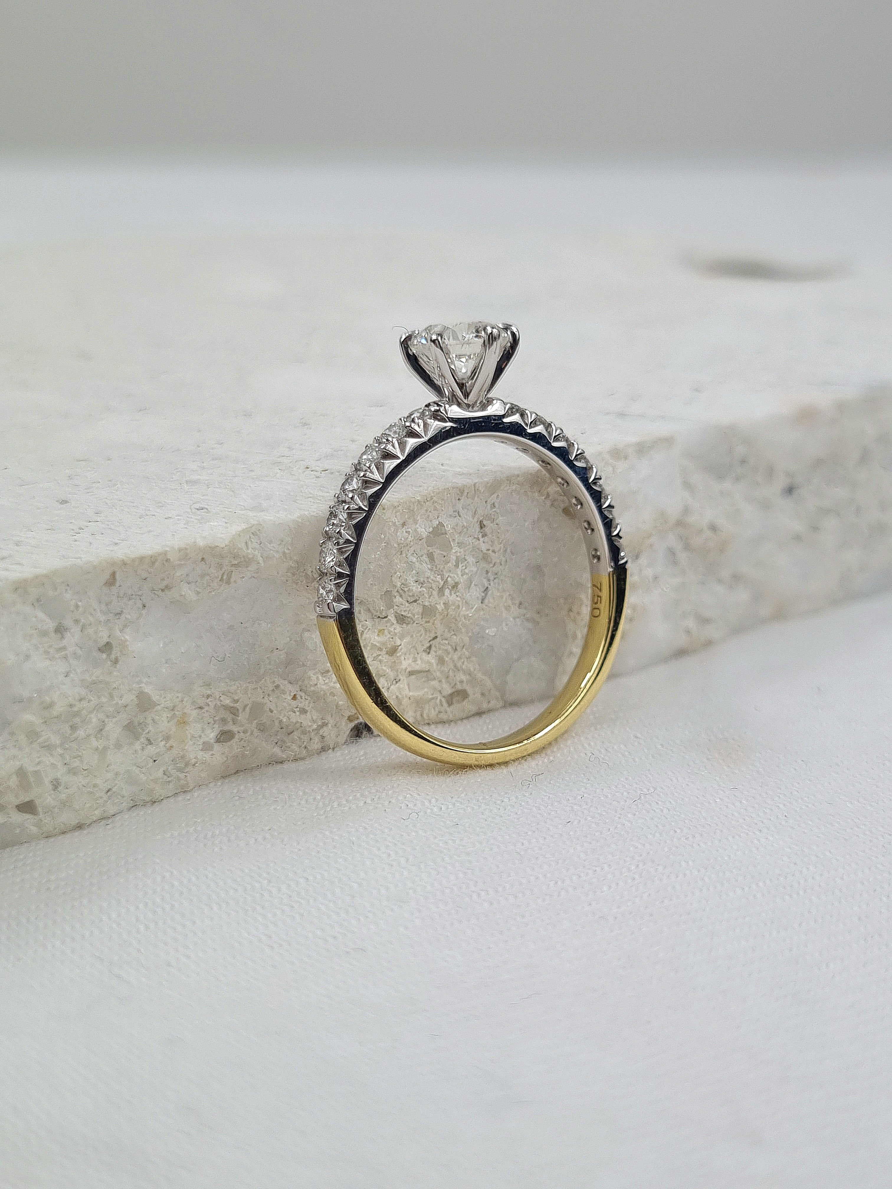 18ct Yellow and White Gold Round Brillant Cut Diamond Engagement Ring, 0.70ct Centre