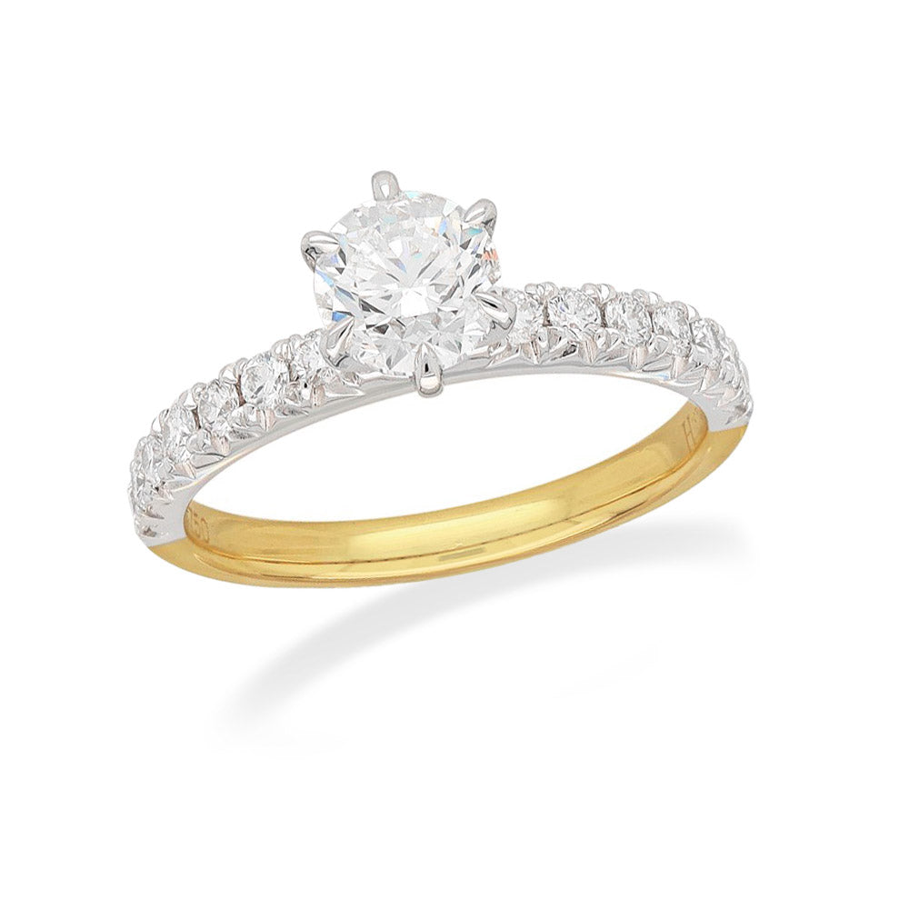 18ct Yellow and White Gold Round Brillant Cut Diamond Engagement Ring, 0.70ct Centre