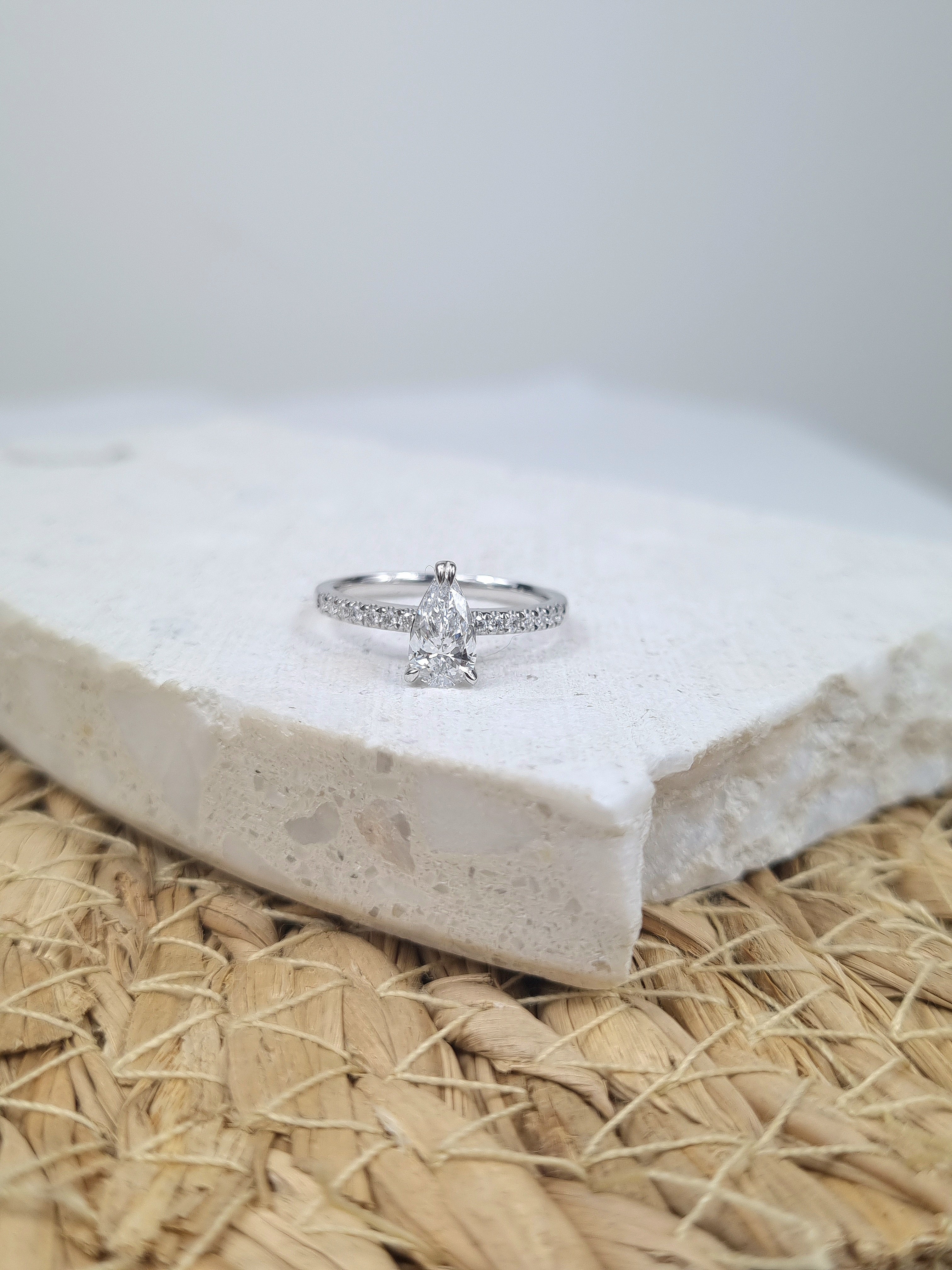 18ct White Gold Pear Cut Diamond Engagement Ring, 0.72ct Centre