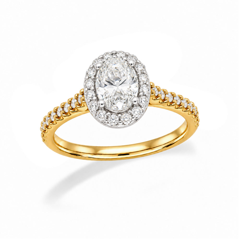 18ct Yellow and White Gold Oval Halo Engagement Ring, 0.56ct centre
