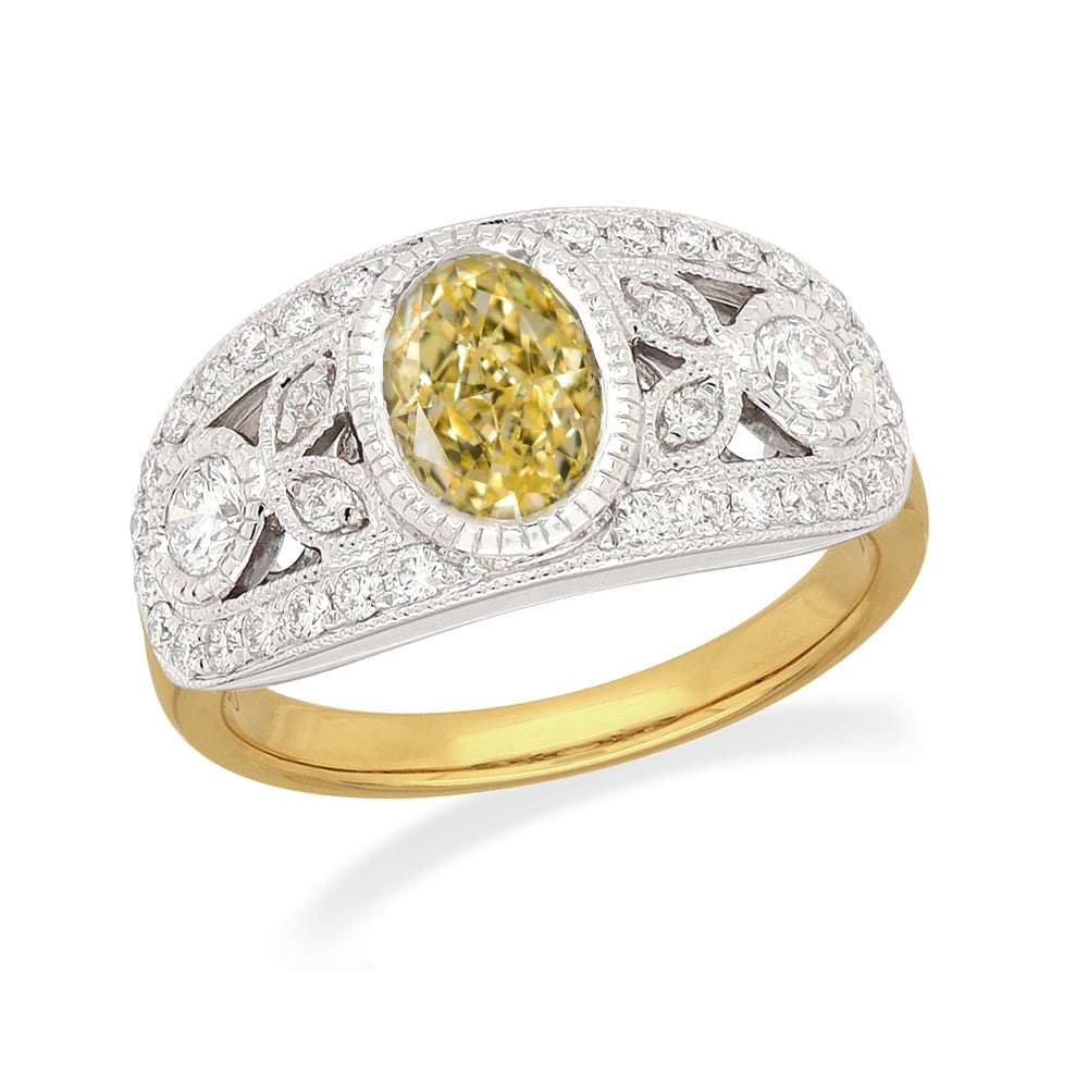 18ct Gold Natural Yellow Oval Diamond Ring, 1.15 carat centre.