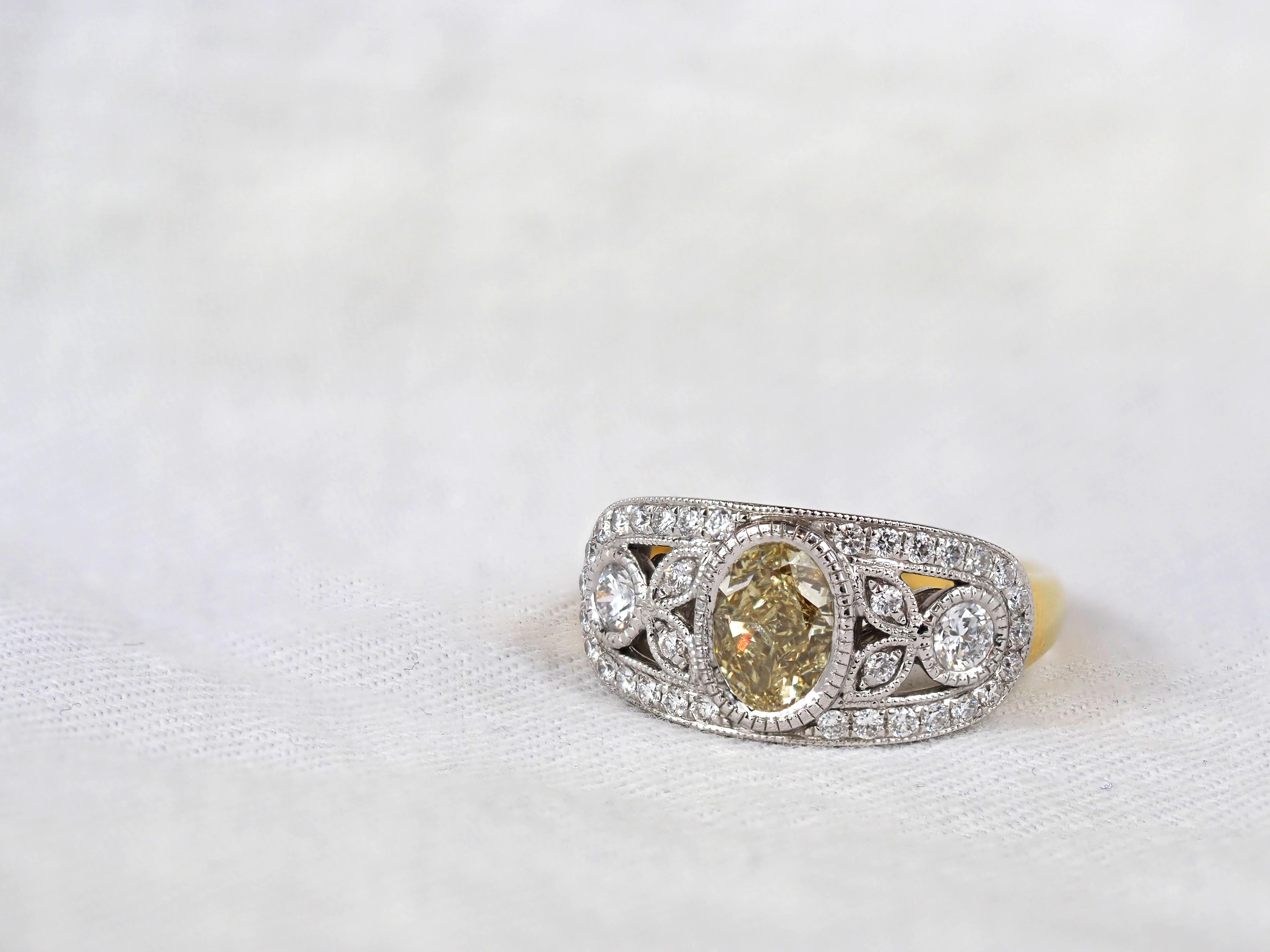 18ct Gold Natural Yellow Oval Diamond Ring, 1.15 carat centre.