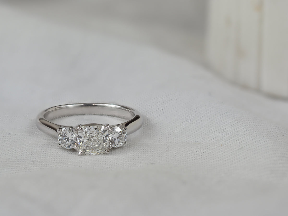 18ct White Gold Lab-Grown Cushion and Round Trilogy Diamond Engagement Ring, 1.02ct Centre