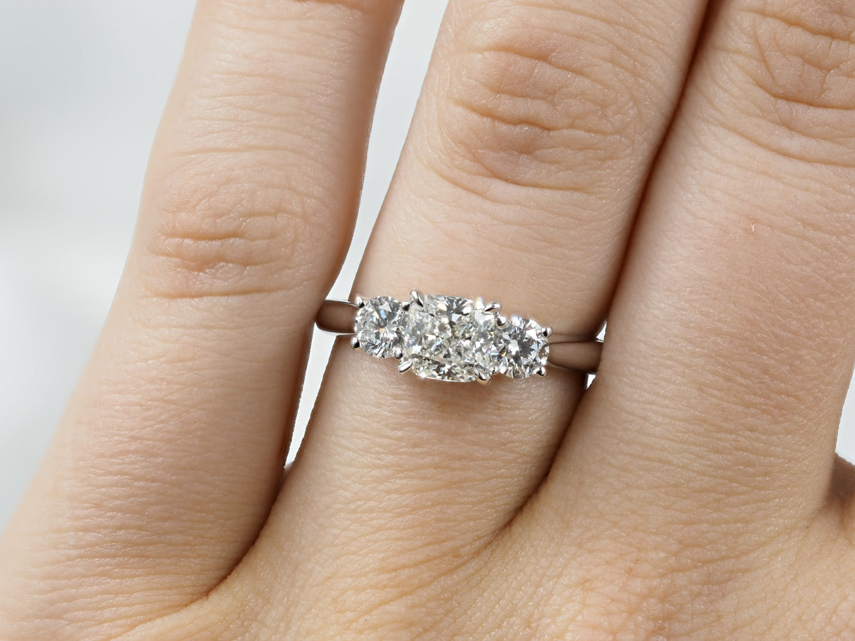 18ct White Gold Lab-Grown Cushion and Round Trilogy Diamond Engagement Ring, 1.02ct Centre