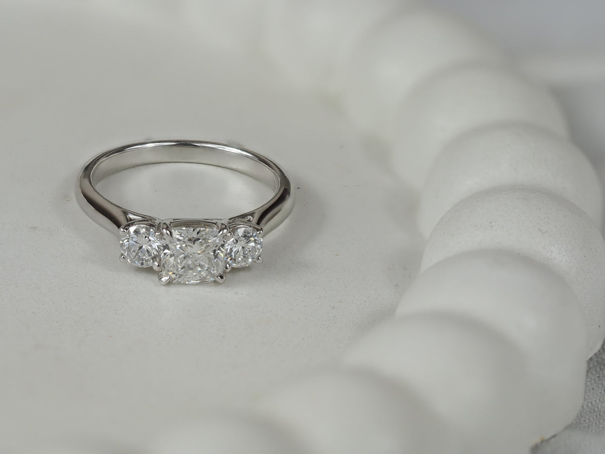 18ct White Gold Lab-Grown Cushion and Round Trilogy Diamond Engagement Ring, 1.02ct Centre
