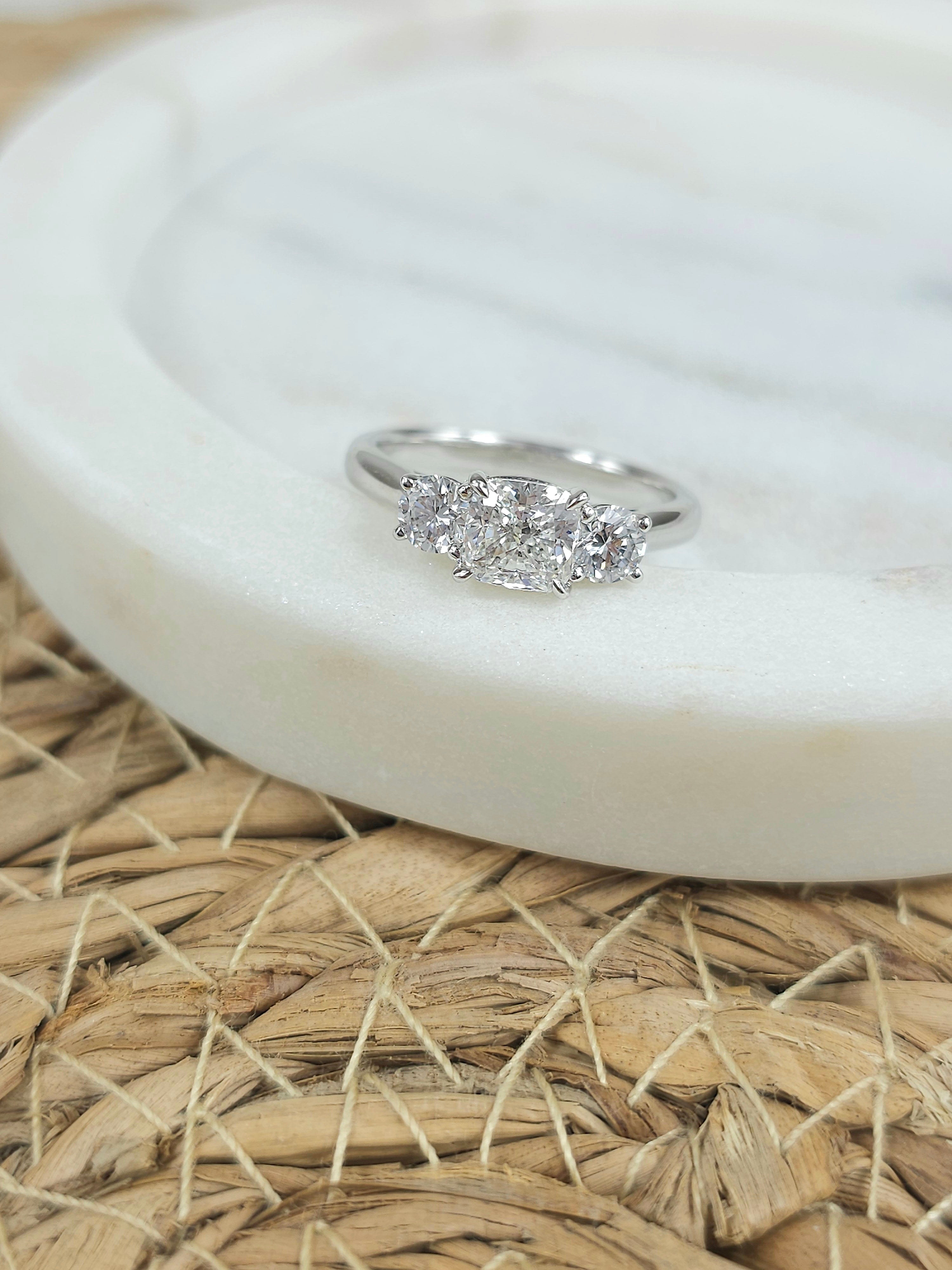 18ct White Gold Lab-Grown Cushion and Round Trilogy Diamond Engagement Ring, 1.02ct Centre