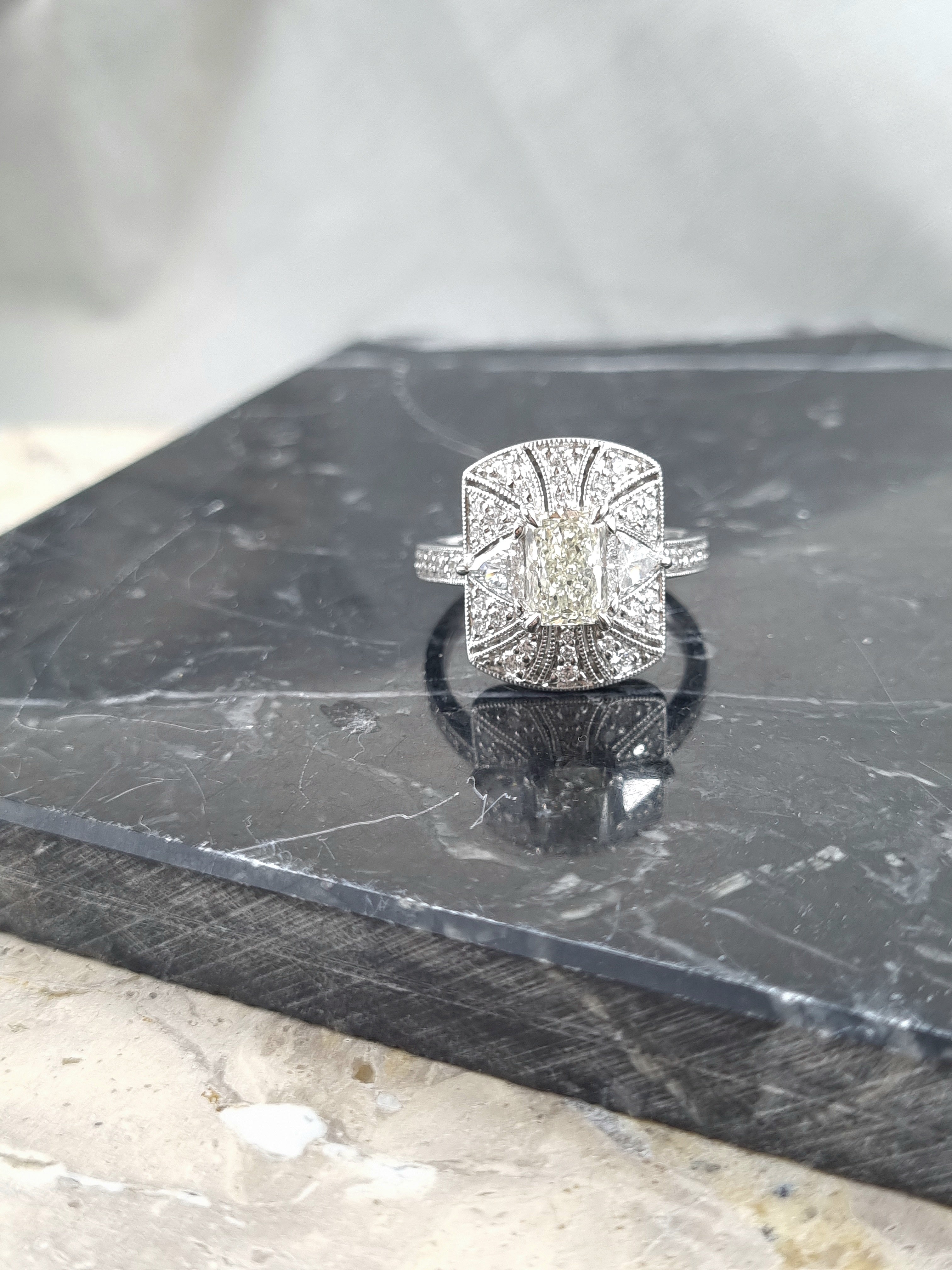 18ct White Gold Natural Yellow Radiant Diamond Ring, 1.20 carat centre.