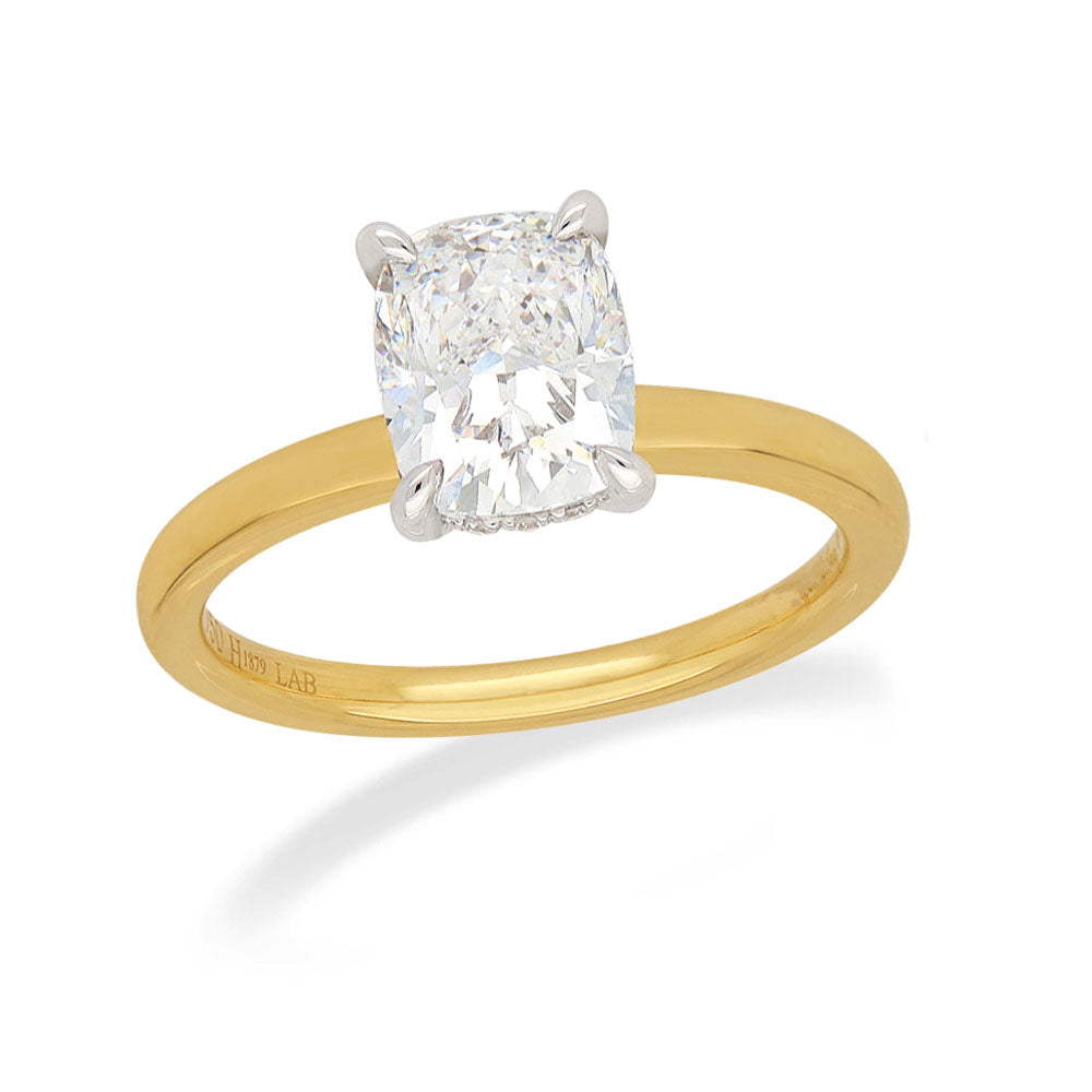 18ct Yellow and White Gold Lab-Grown Cushion cut Engagement ring, 1.34ct centre