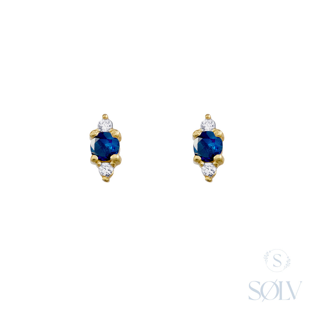Solv Sterling Silver Yellow Gold Plated Sapphire and Cubic Zirconia Stud Earrings