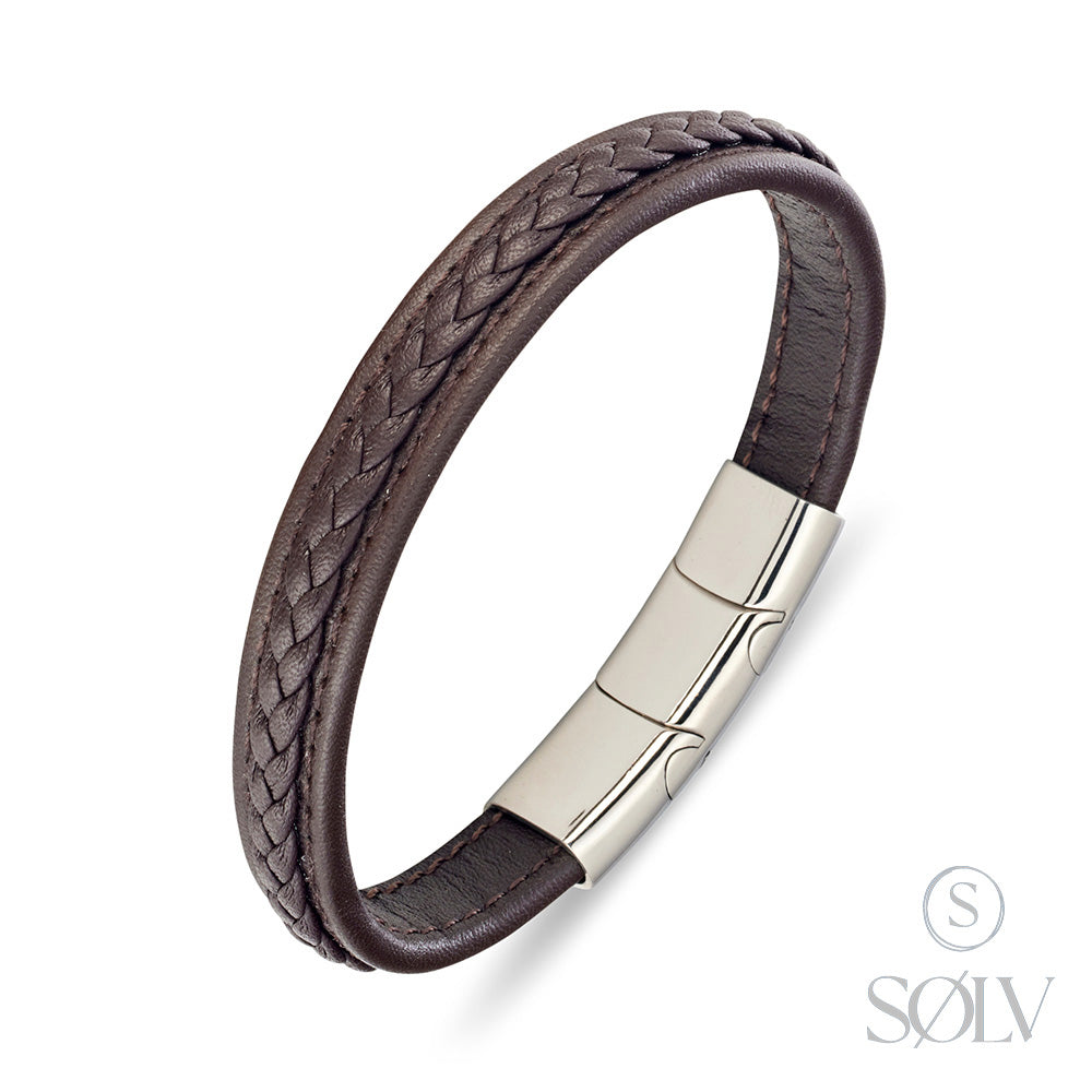 Solv Stainless Steel Brown Leather Bracelet, 22cm