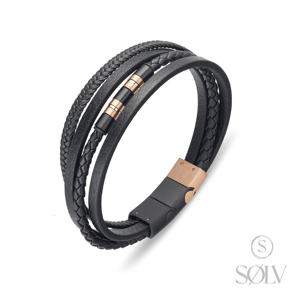 Solv Stainless Steel Mulit Row Leather Bracelet, 22cm