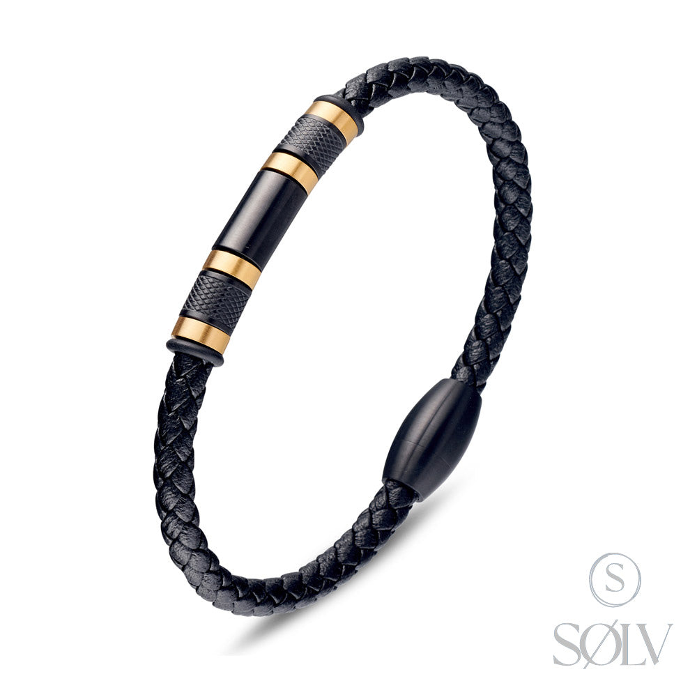 Solv Stainless Steel Black Plated Leather Bracelet