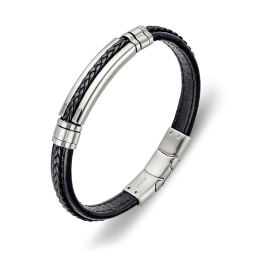 Solv Stainless Steel Black Leather Bracelet