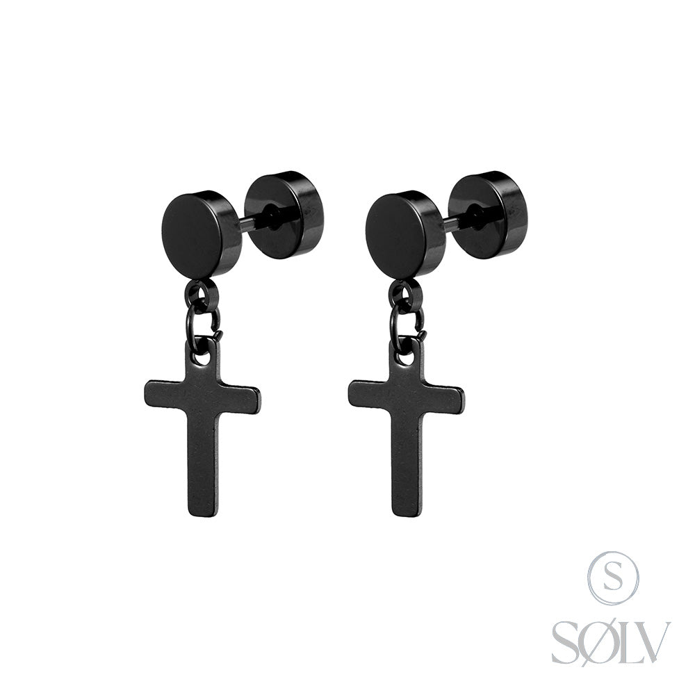 Solv Stainless Steel Black Plated Plug Stud Earrings with Dangle Cross