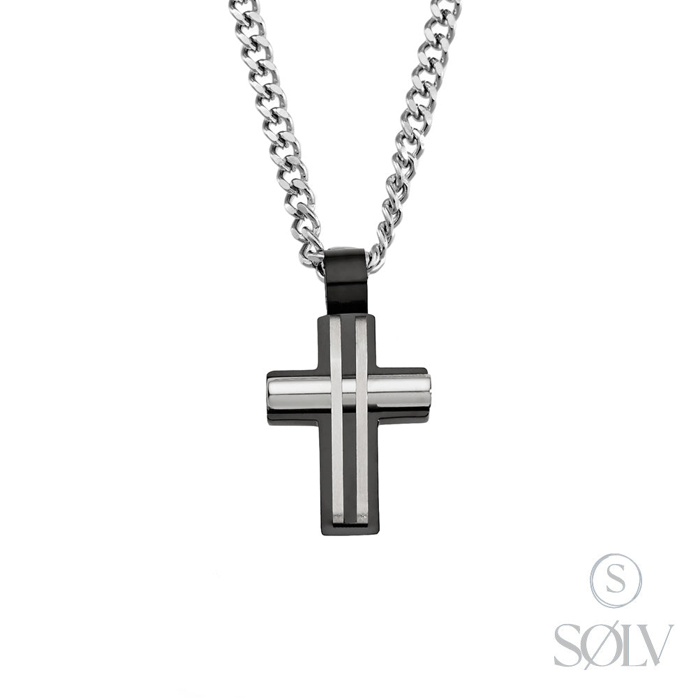 Solv Stainless Steel and Black Cross Pendant with Curb Chain