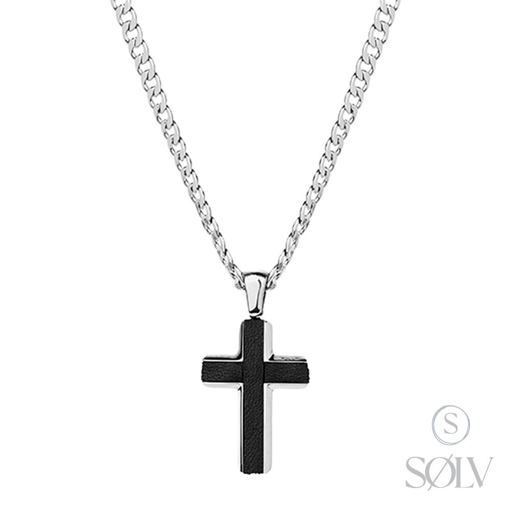 Solv Stainless Steel and Black Leather Cross with Curb Chain