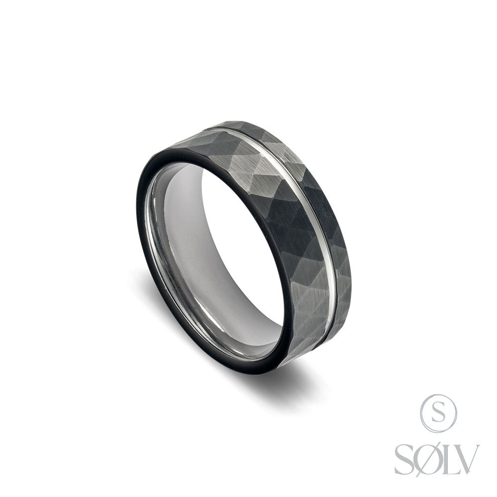 Solv Tungsten Black Plated Faceted Ring, Size 12