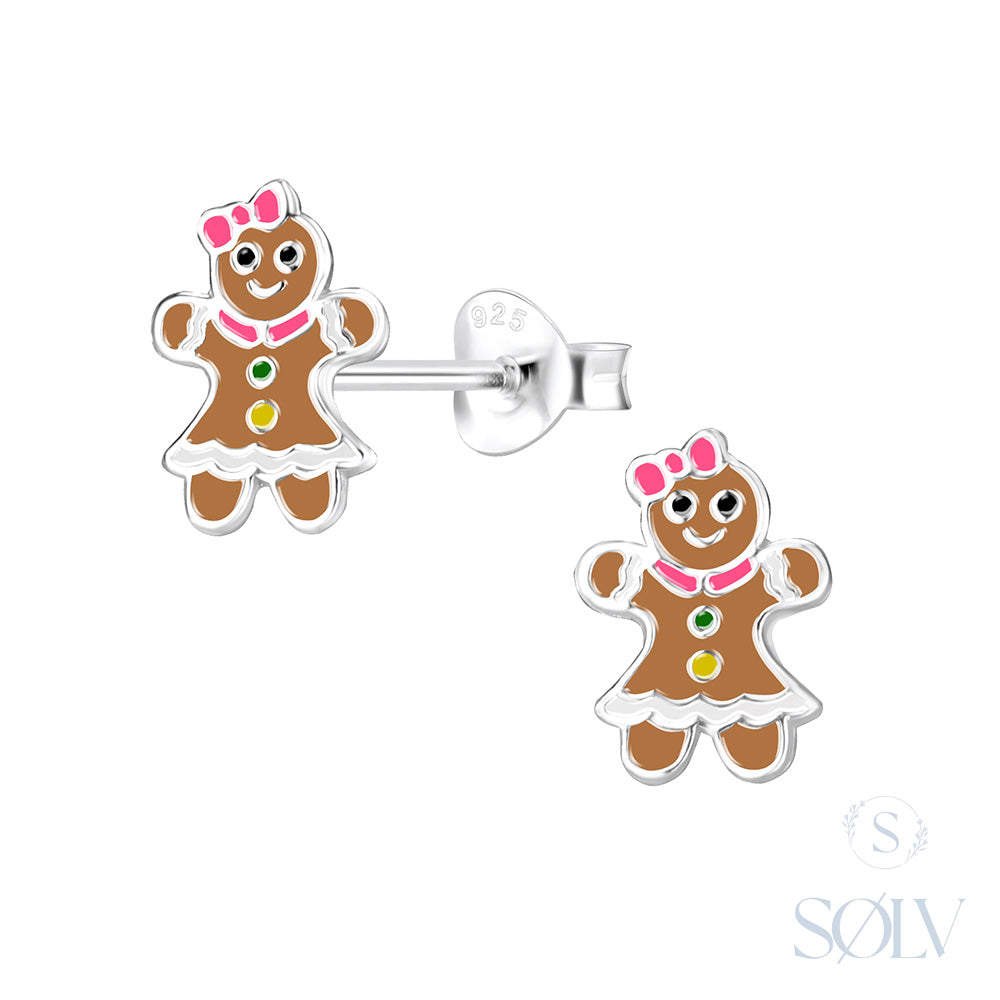Solv Sterling Silver Enamel Ginger Bread Stud Earrings